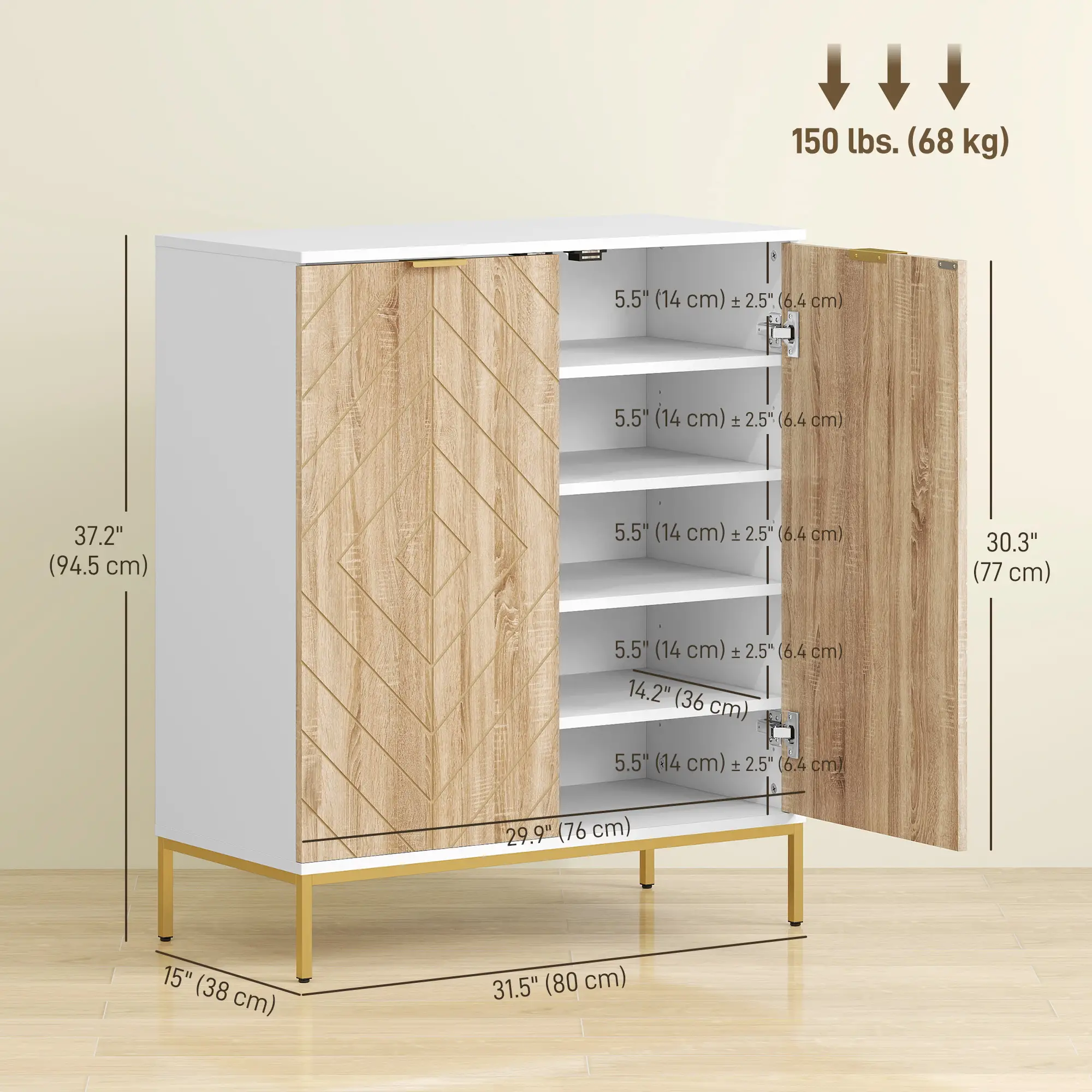 Shoe Storage Cabinet for 15 Pairs, Adjustable Shelves, White - Image 3