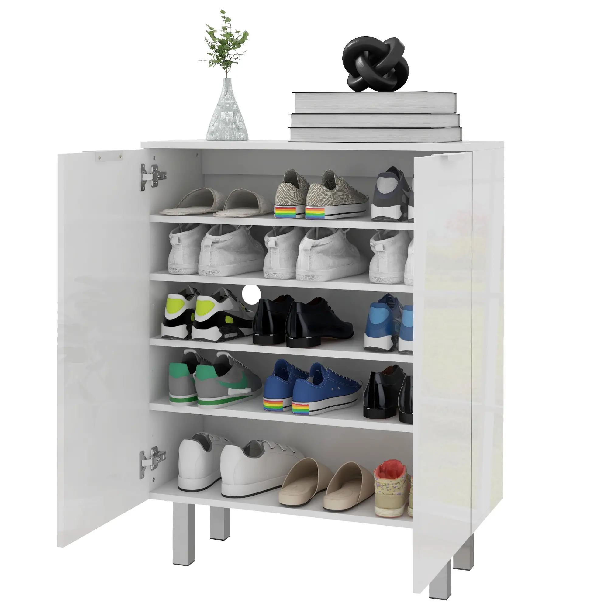 Shoe Storage Cabinet, Soft-Close Hinges, Adjustable Shelves, Holds 15-20 Pairs, High Gloss, White