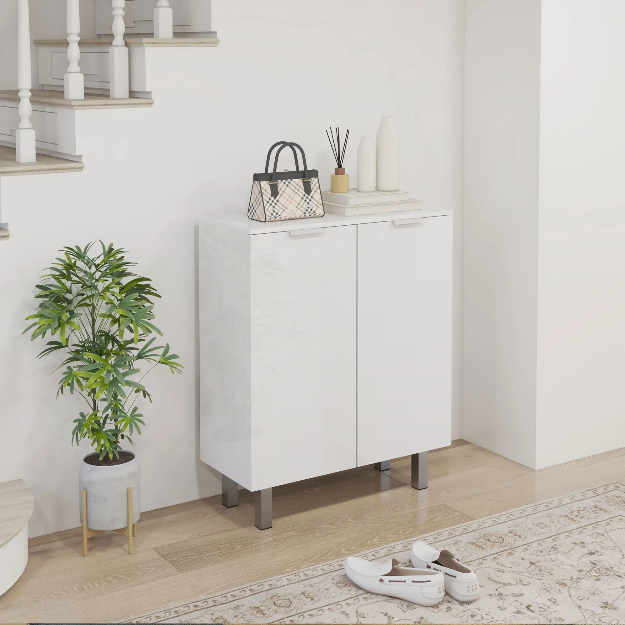 Shoe Storage Cabinet, Soft-Close Hinges, Adjustable Shelves, Holds 15-20 Pairs, High Gloss, White - Image 2