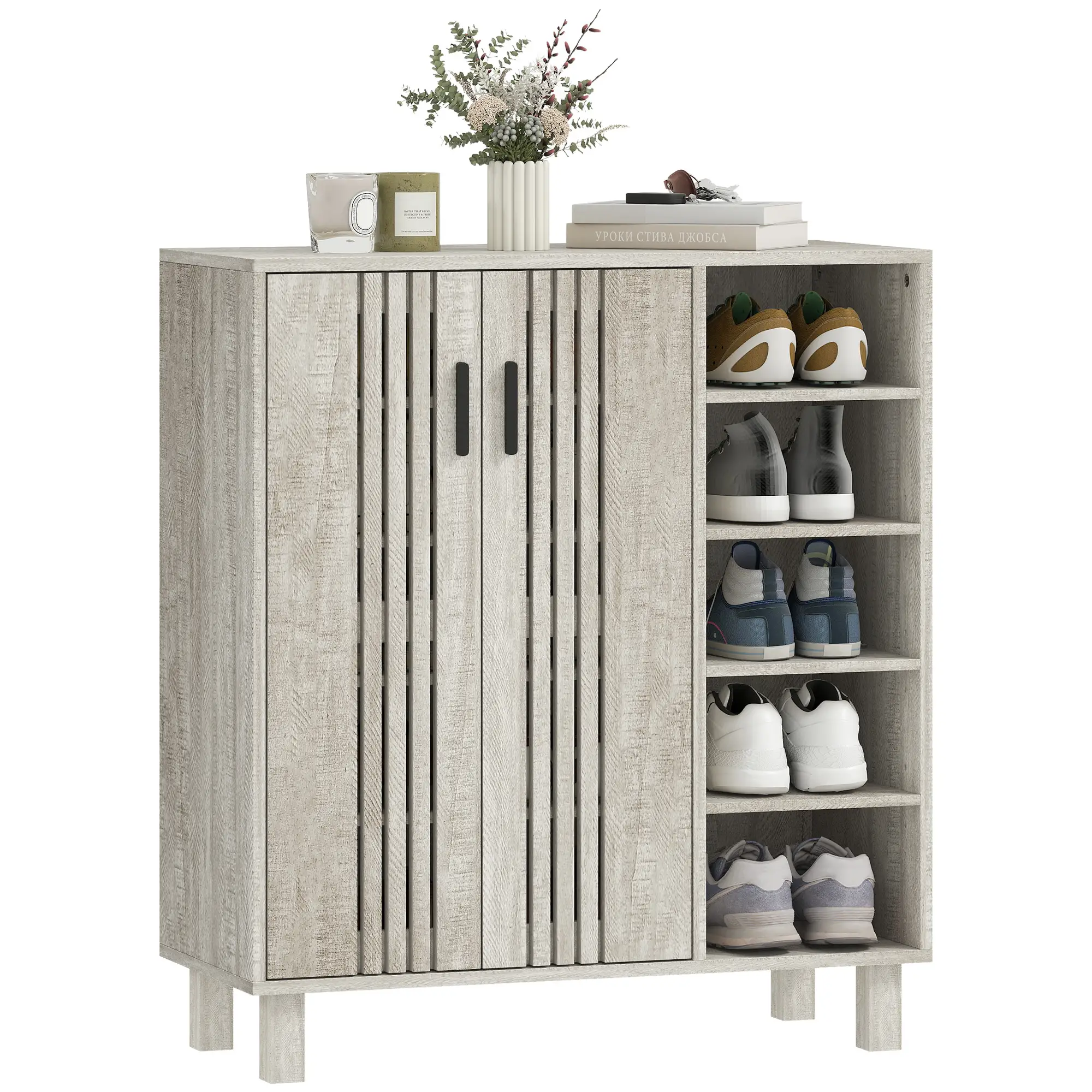 Shoe Storage with Double Doors, Open Shelves, 17 Pair, Light Grey - Image 11
