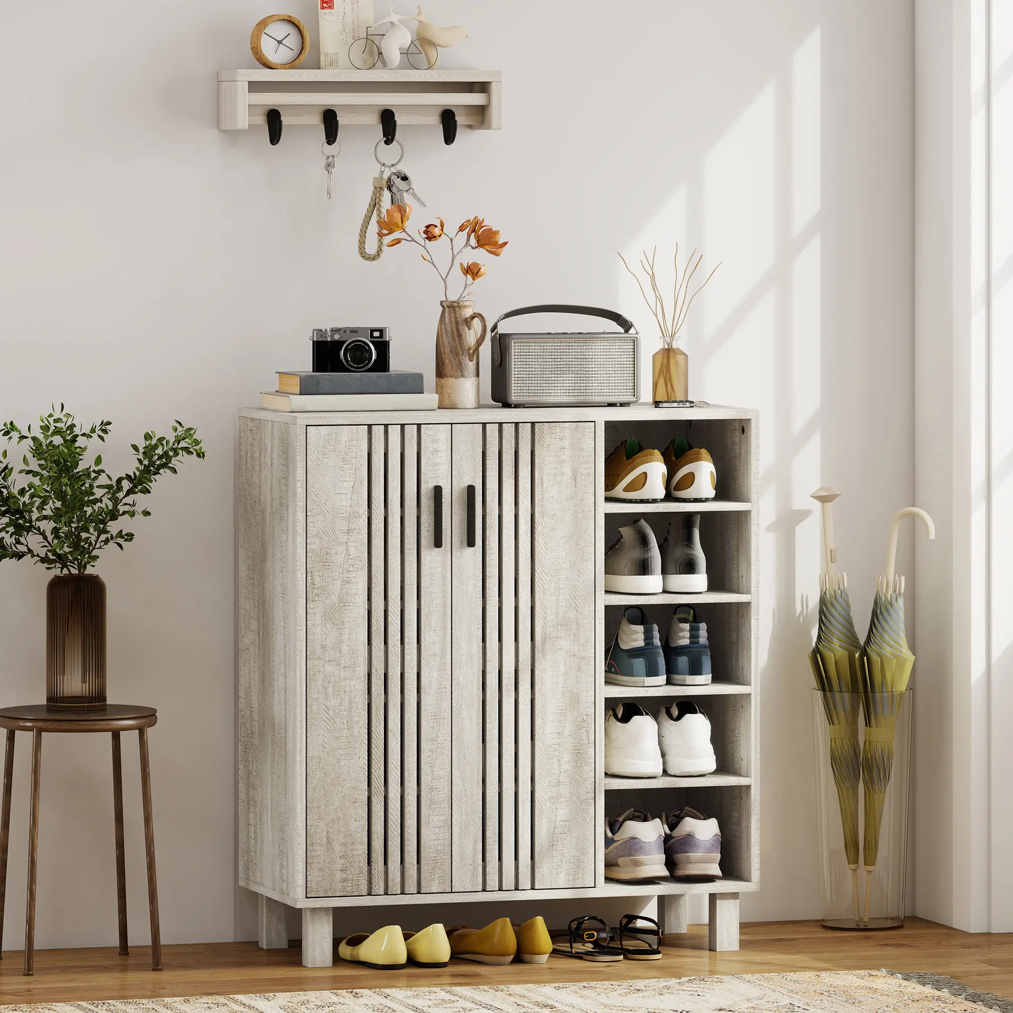 Shoe Storage with Double Doors, Open Shelves, 17 Pair, Light Grey - Image 2