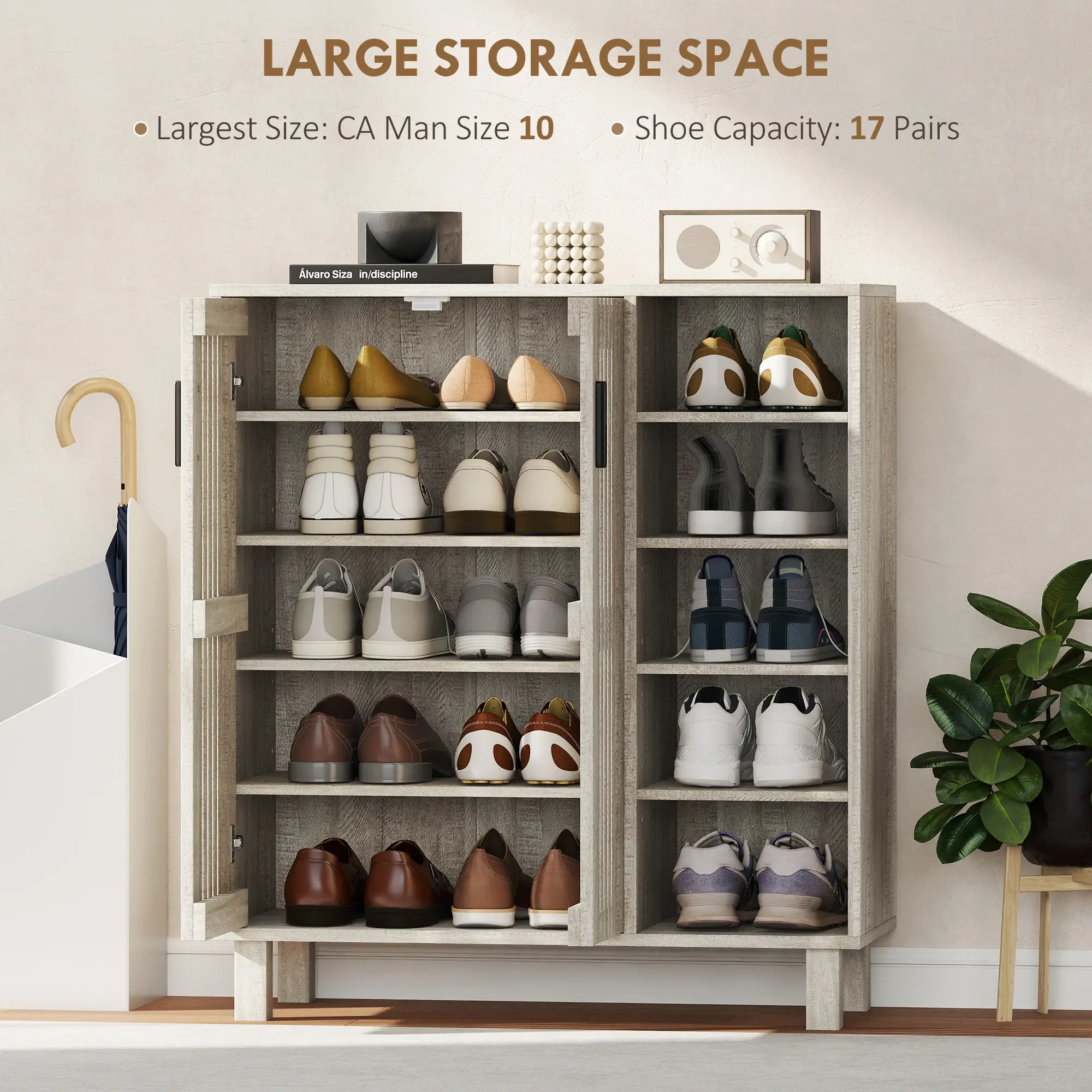 Shoe Storage with Double Doors, Open Shelves, 17 Pair, Light Grey - Image 4