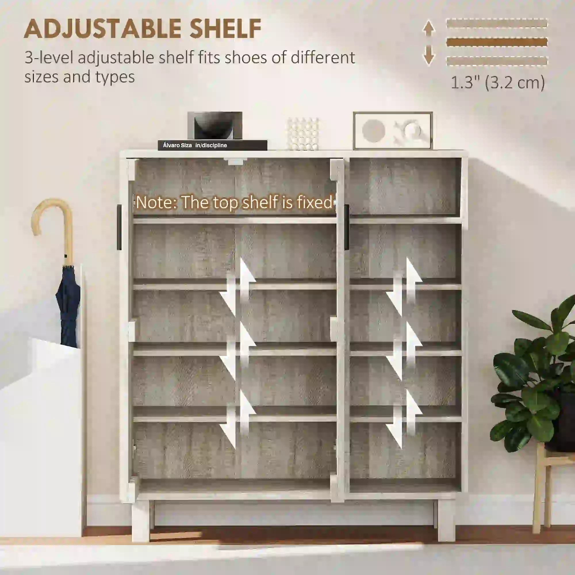 Shoe Storage with Double Doors, Open Shelves, 17 Pair, Light Grey - Image 5