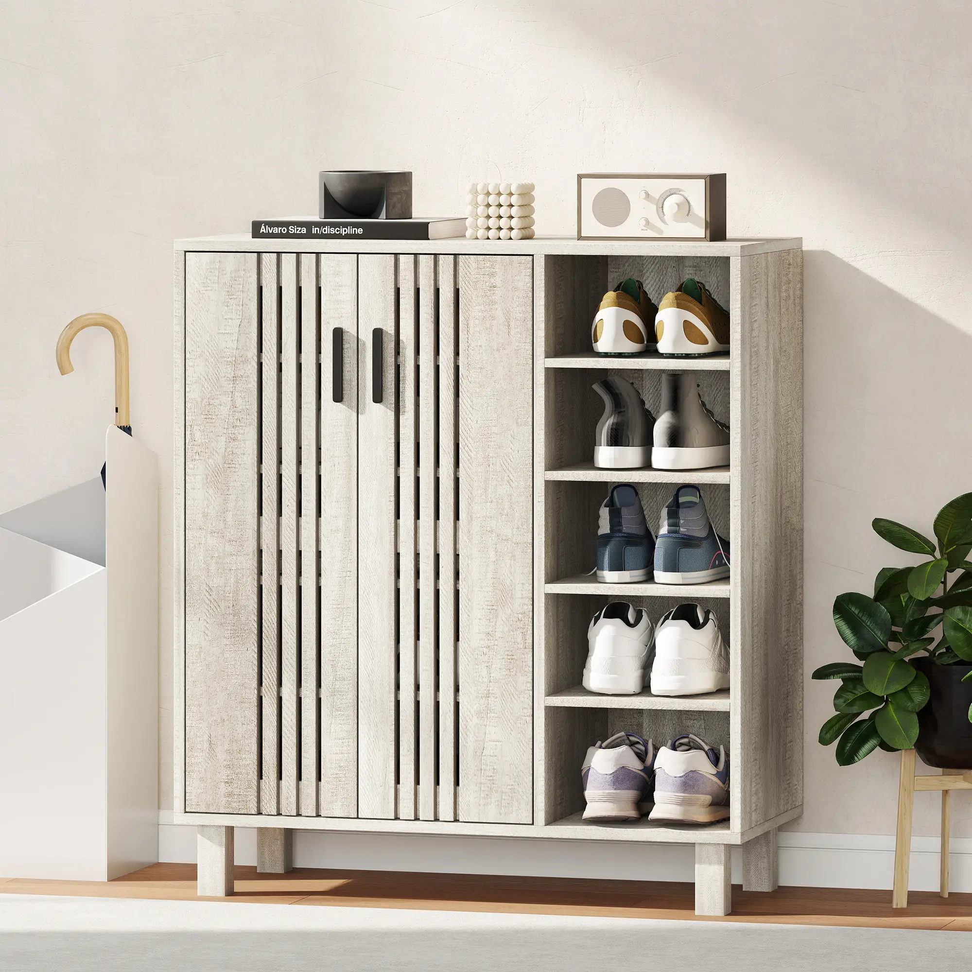 Shoe Storage with Double Doors, Open Shelves, 17 Pair, Light Grey - Image 7