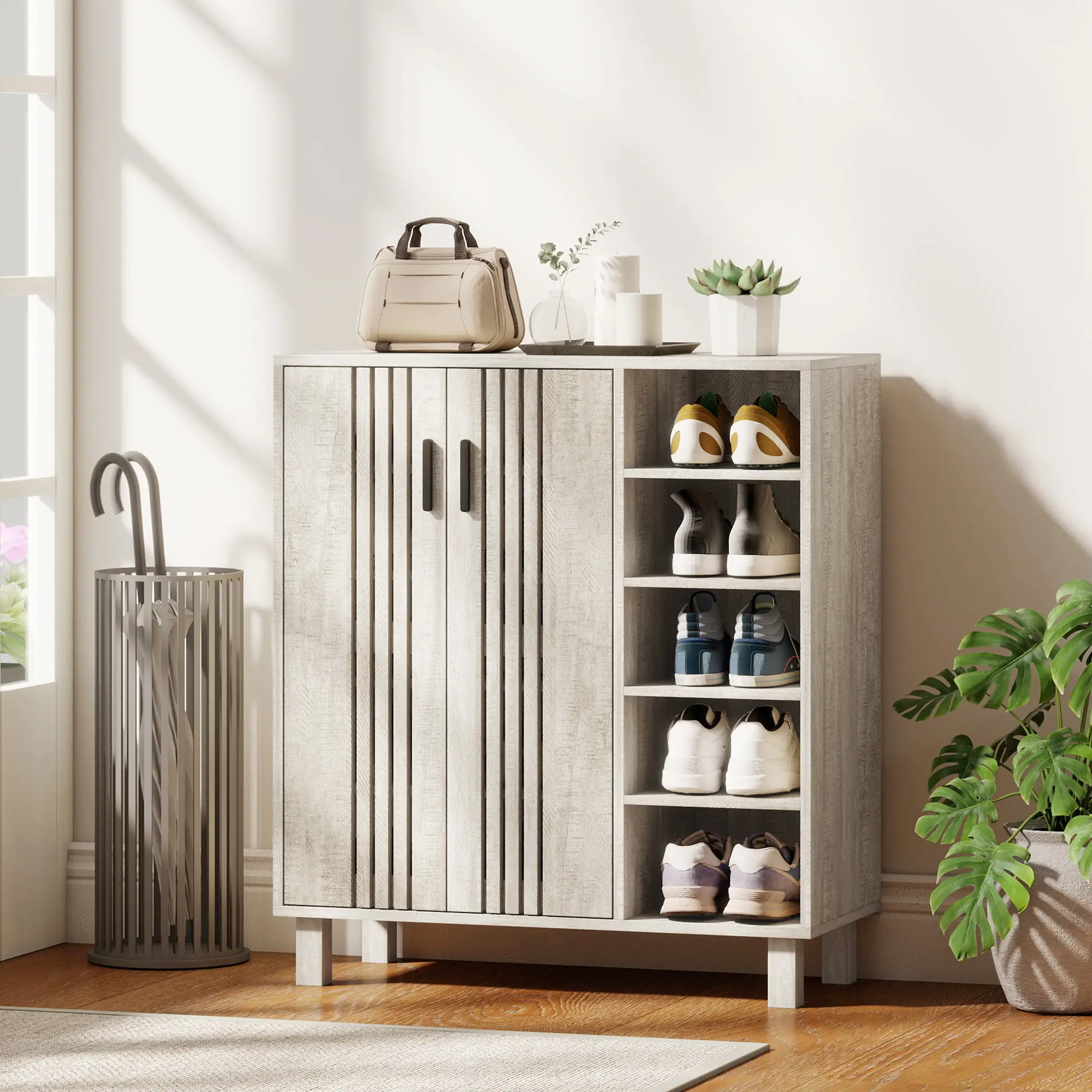 Shoe Storage with Double Doors, Open Shelves, 17 Pair, Light Grey - Image 8