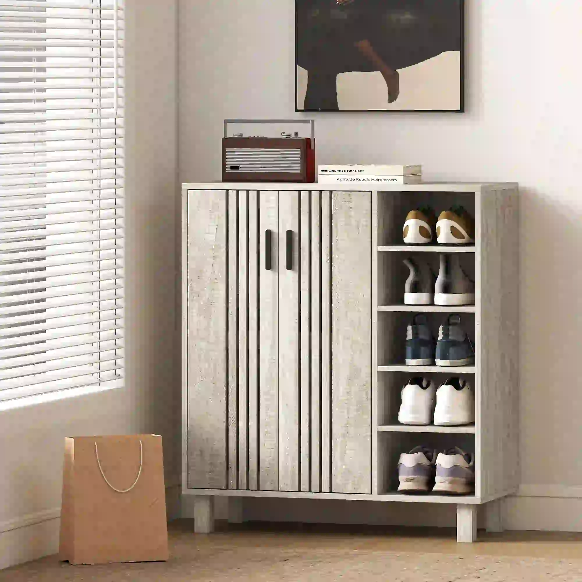 Shoe Storage with Double Doors, Open Shelves, 17 Pair, Light Grey - Image 9