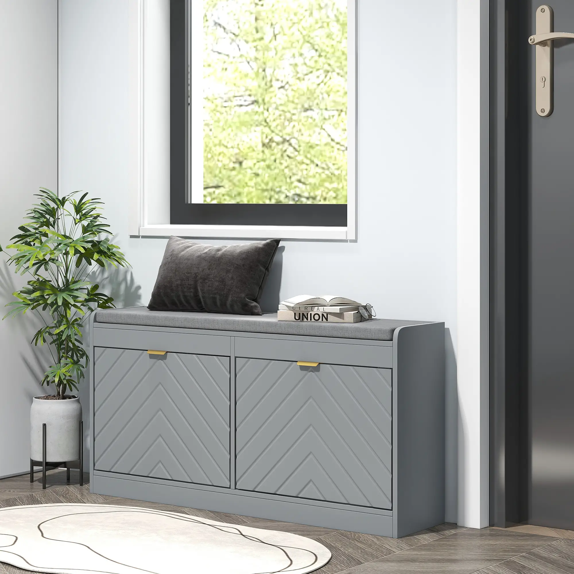 Shoe Storage with Seat, Upholstered Hallway Bench, Shoe Bench with 2 Flip Drawers and 4 Vents for 8 Pairs of Shoes - Image 2