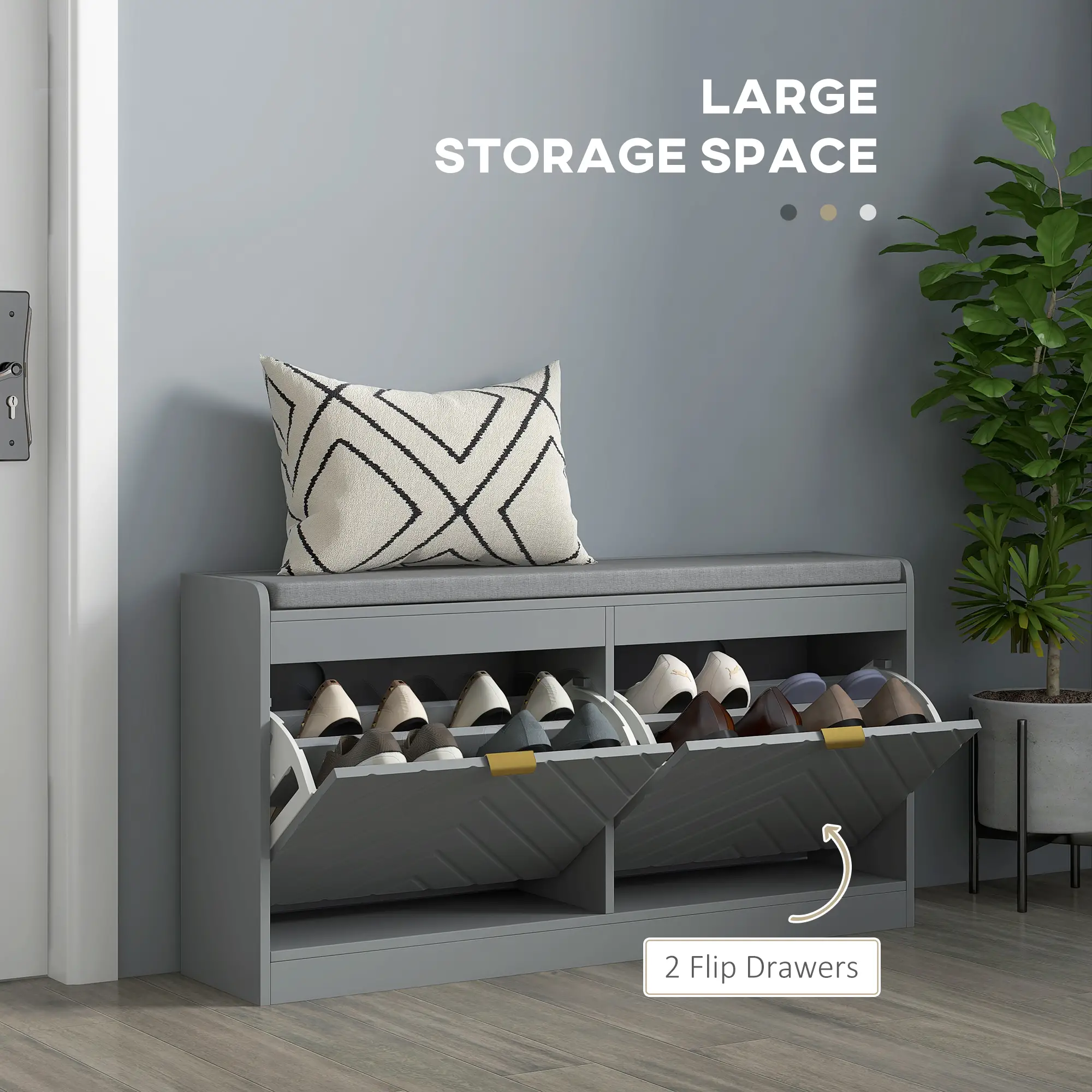 Shoe Storage with Seat, Upholstered Hallway Bench, Shoe Bench with 2 Flip Drawers and 4 Vents for 8 Pairs of Shoes - Image 4