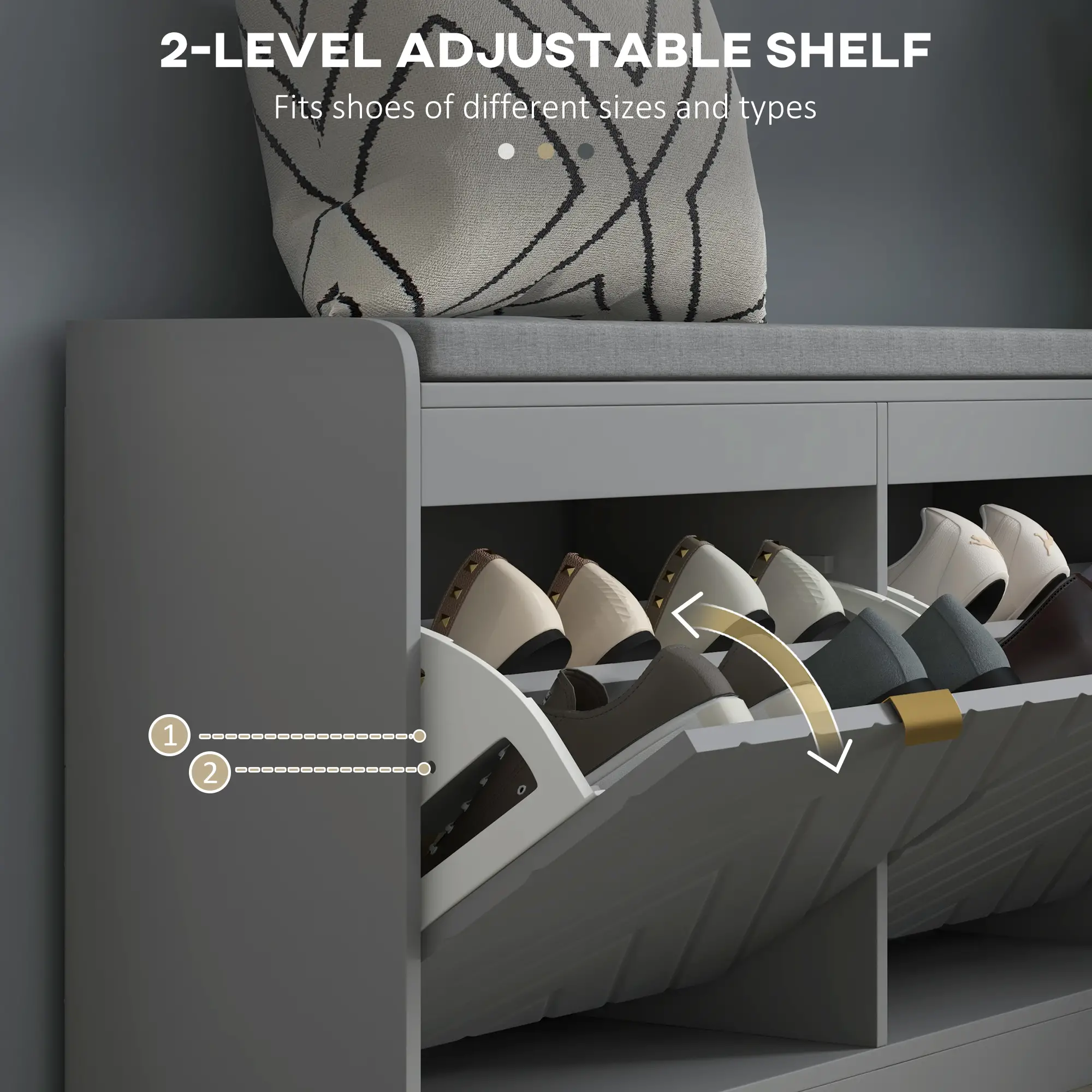 Shoe Storage with Seat, Upholstered Hallway Bench, Shoe Bench with 2 Flip Drawers and 4 Vents for 8 Pairs of Shoes - Image 5
