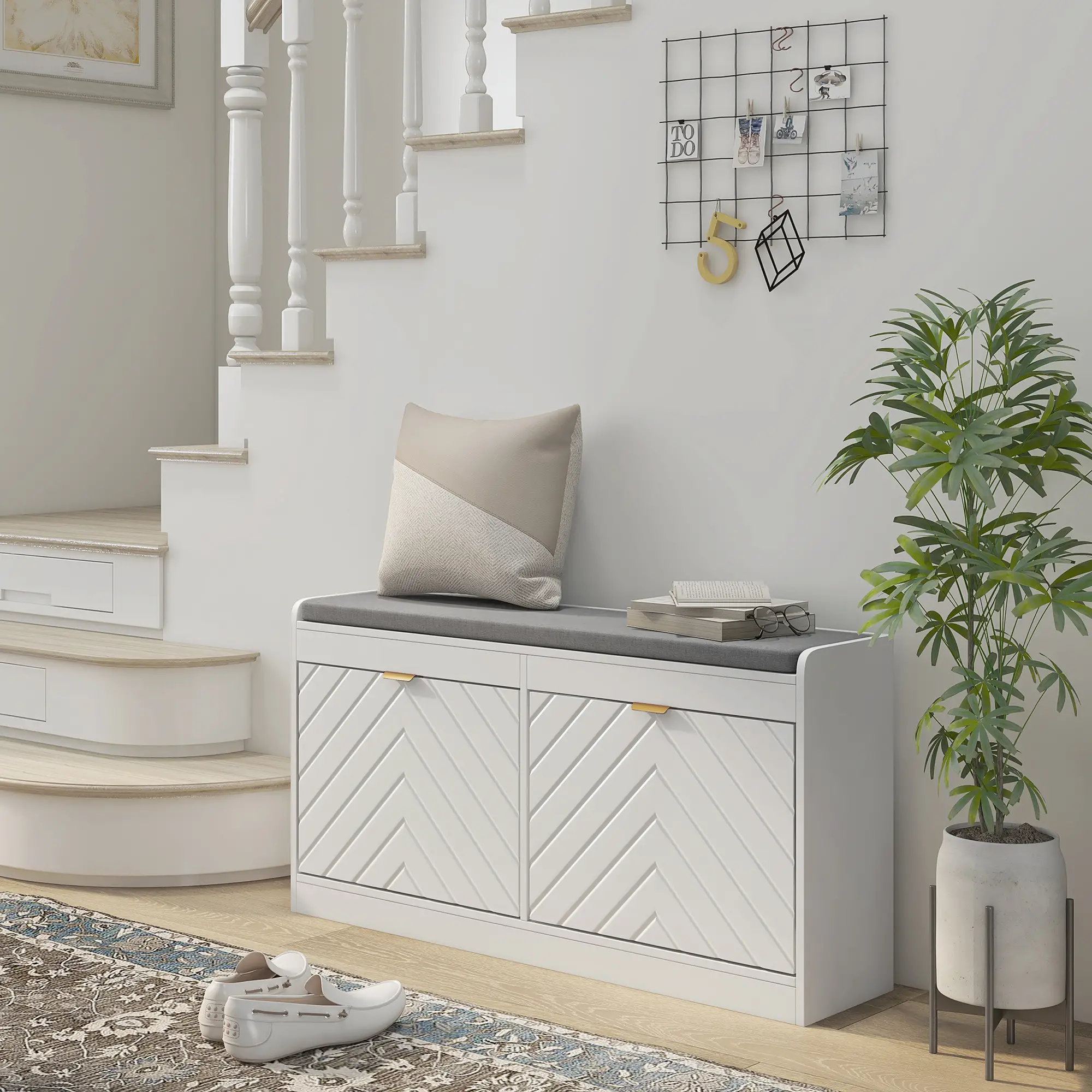 Shoe Storage with Seat, Upholstered Hallway Bench, Shoe Bench with 2 Flip Drawers and 4 Vents for 8 Pairs of Shoes - Image 2