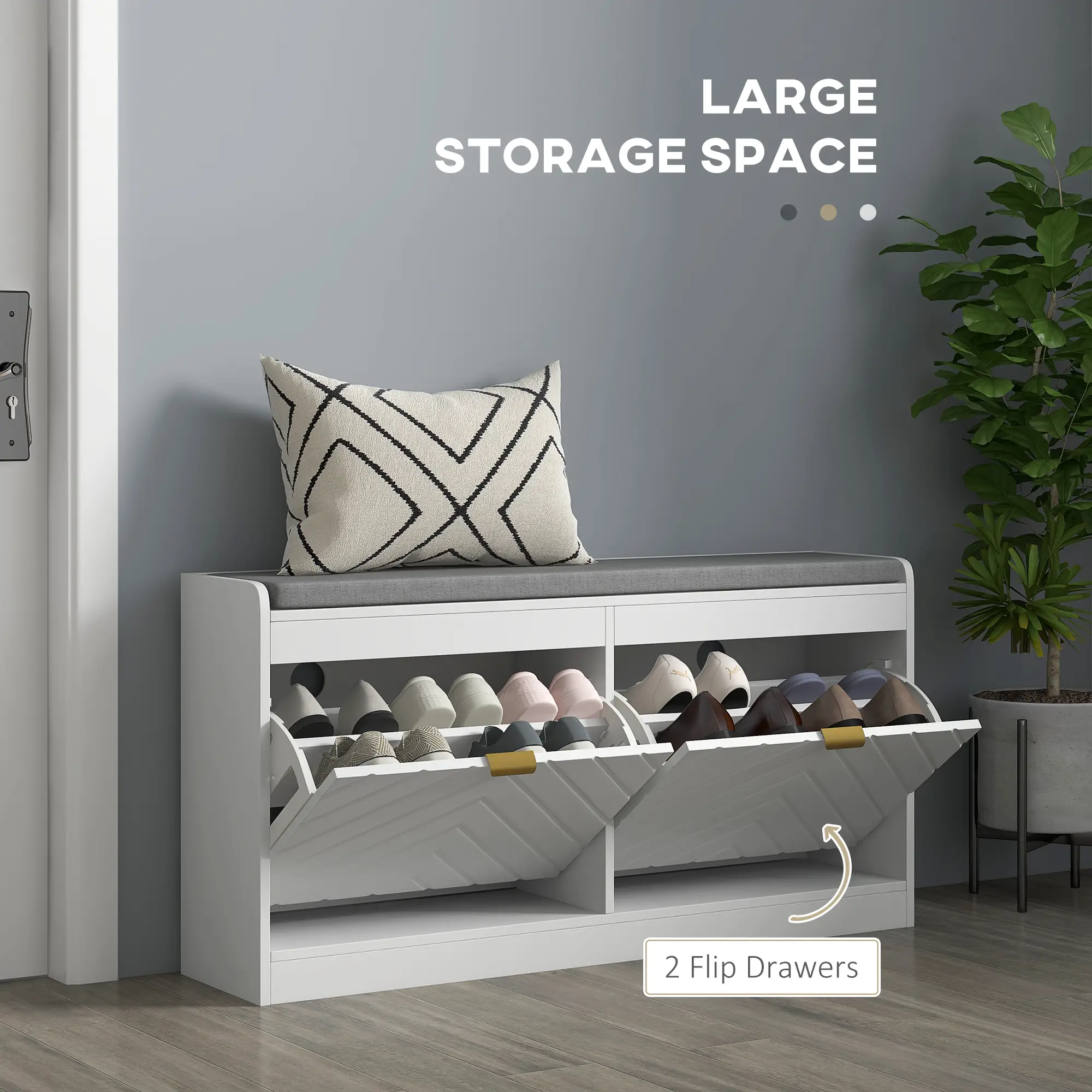 Shoe Storage with Seat, Upholstered Hallway Bench, Shoe Bench with 2 Flip Drawers and 4 Vents for 8 Pairs of Shoes - Image 4