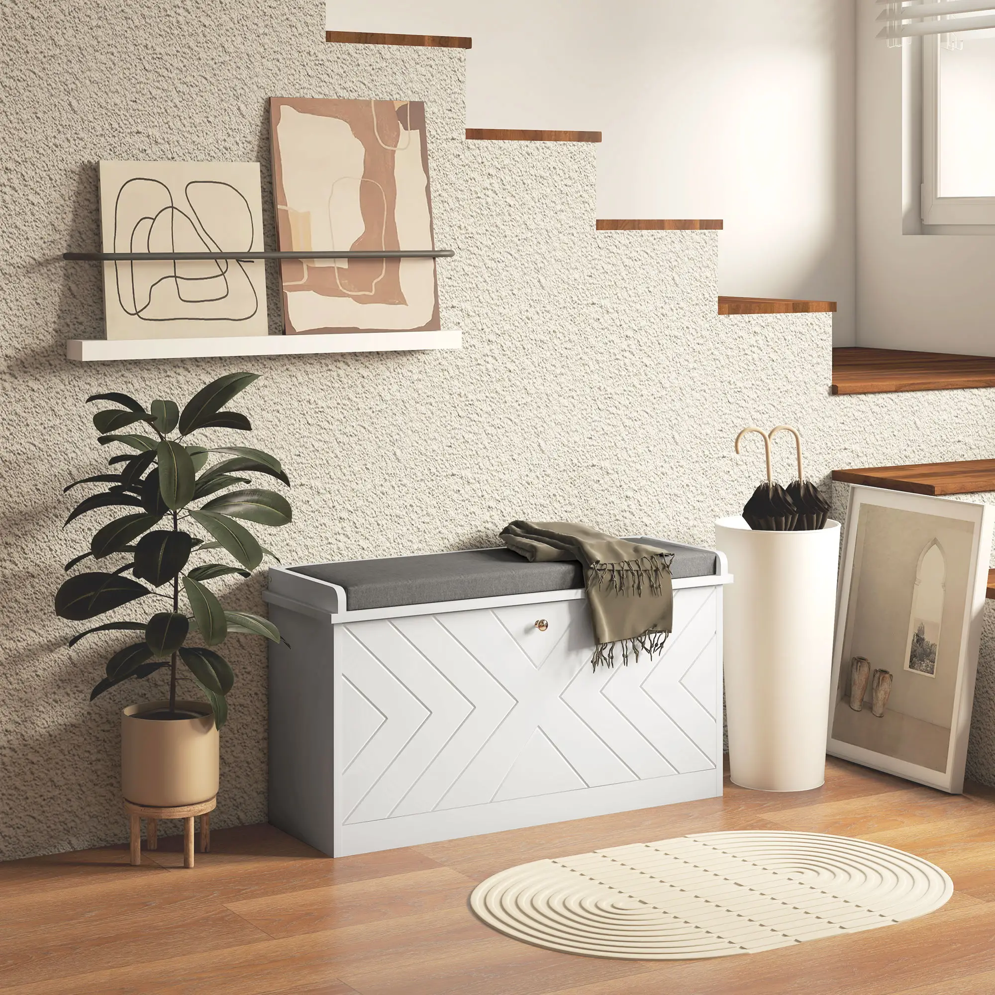 Shoe Storage with Seat, Upholstered Hallway Bench, Shoe Bench with Flip Drawer, Adjustable Shelf for 8 Pairs of Shoes - Image 2