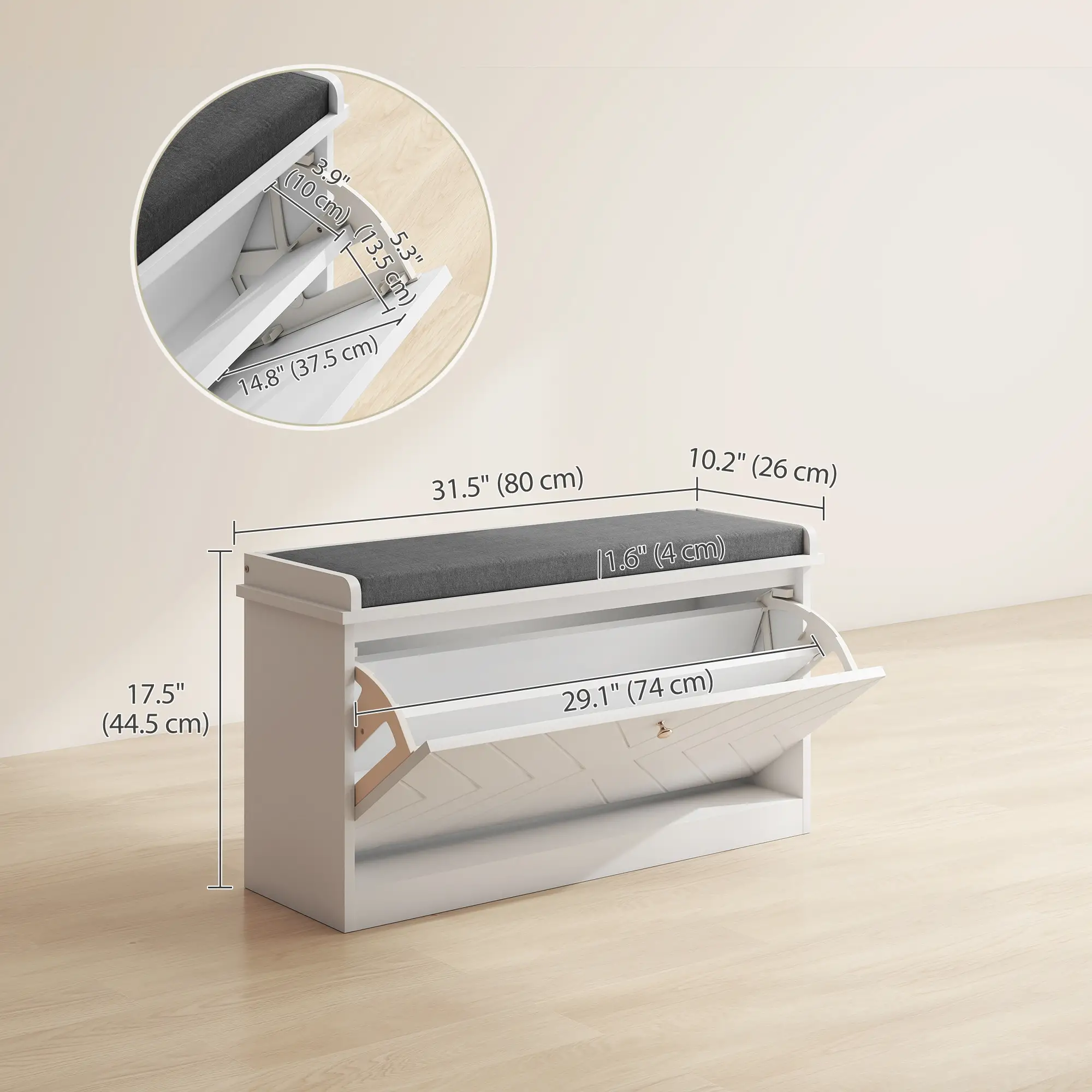 Shoe Storage with Seat, Upholstered Hallway Bench, Shoe Bench with Flip Drawer, Adjustable Shelf for 8 Pairs of Shoes - Image 3