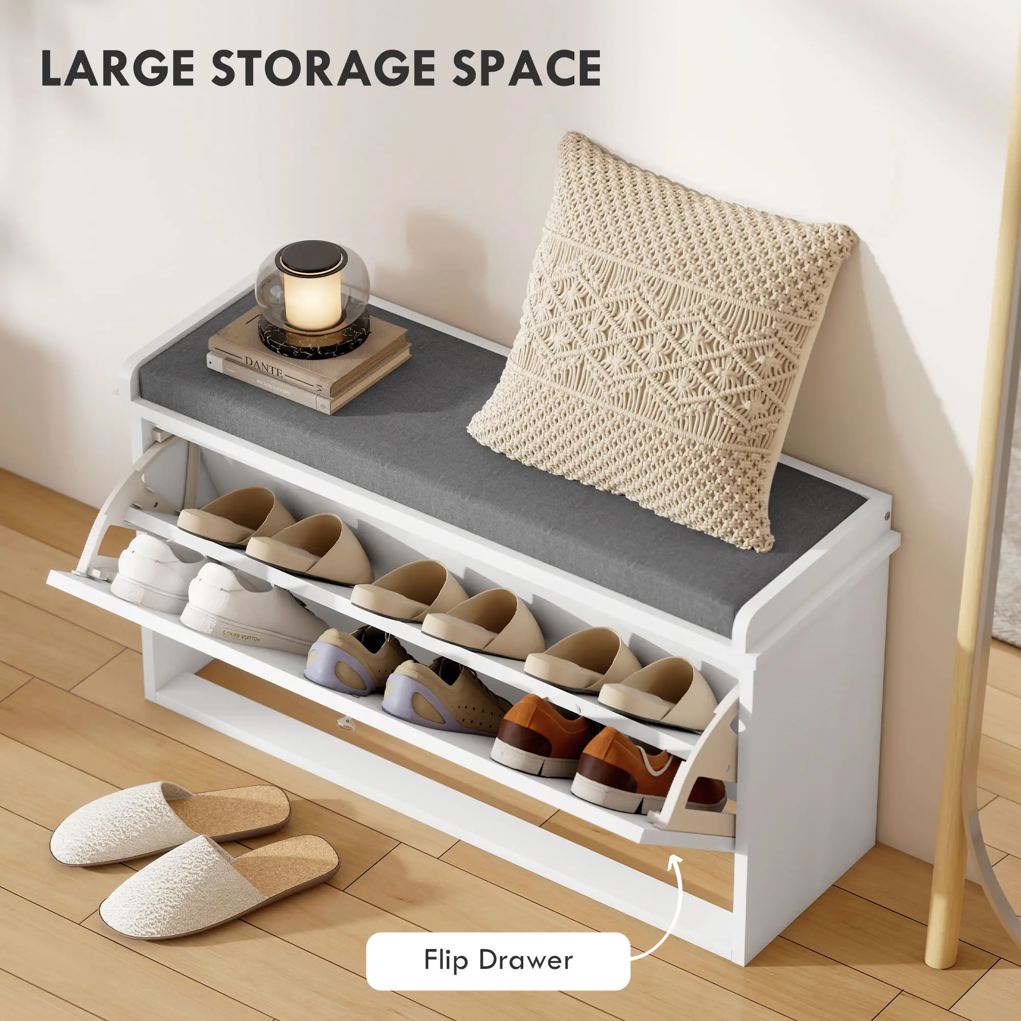 Shoe Storage with Seat, Upholstered Hallway Bench, Shoe Bench with Flip Drawer, Adjustable Shelf for 8 Pairs of Shoes - Image 4