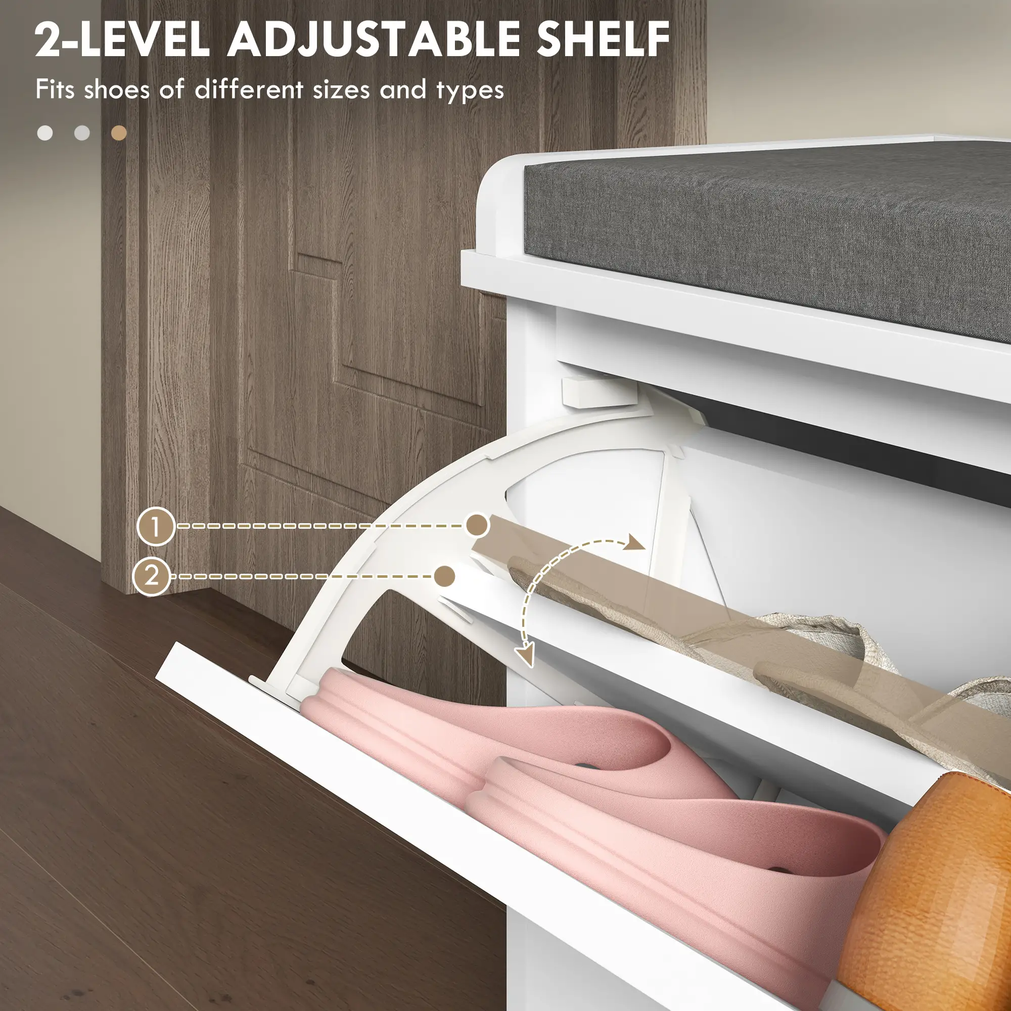 Shoe Storage with Seat, Upholstered Hallway Bench, Shoe Bench with Flip Drawer, Adjustable Shelf for 8 Pairs of Shoes - Image 5