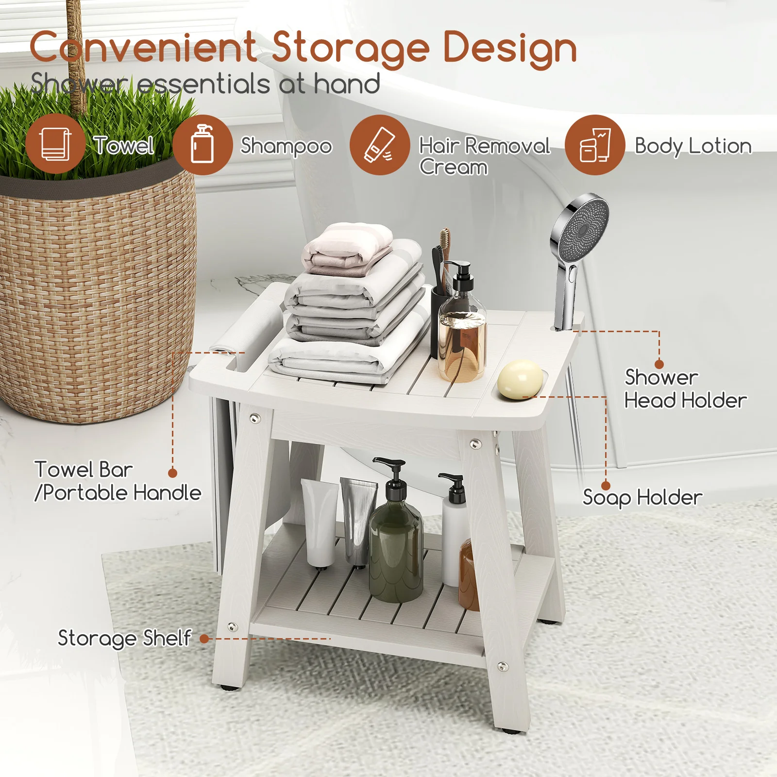 Shower Bench Seat With Handle Shower Head, White - Image 7