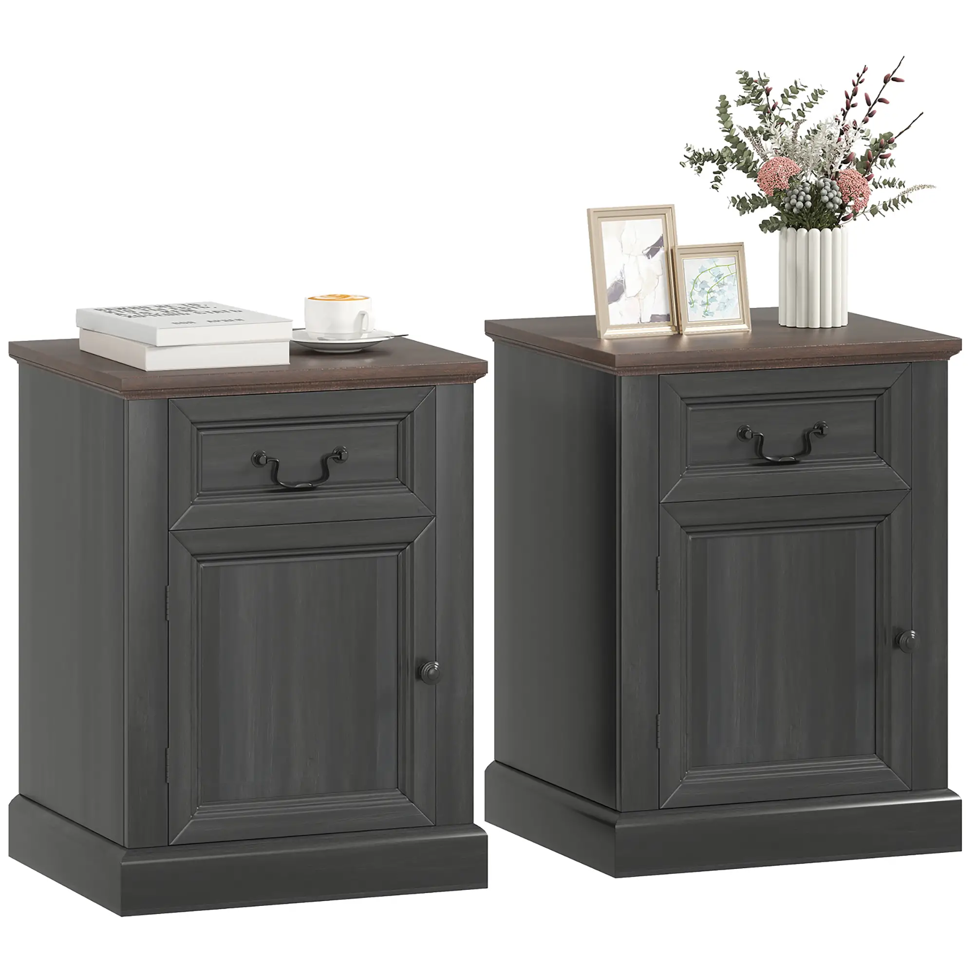 Side Table Set of 2 with Drawer and Cabinet, Black - Image 11