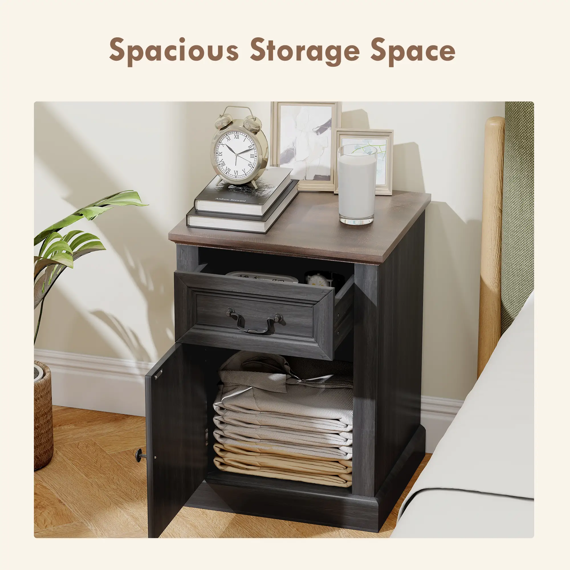 Side Table Set of 2 with Drawer and Cabinet, Black - Image 5