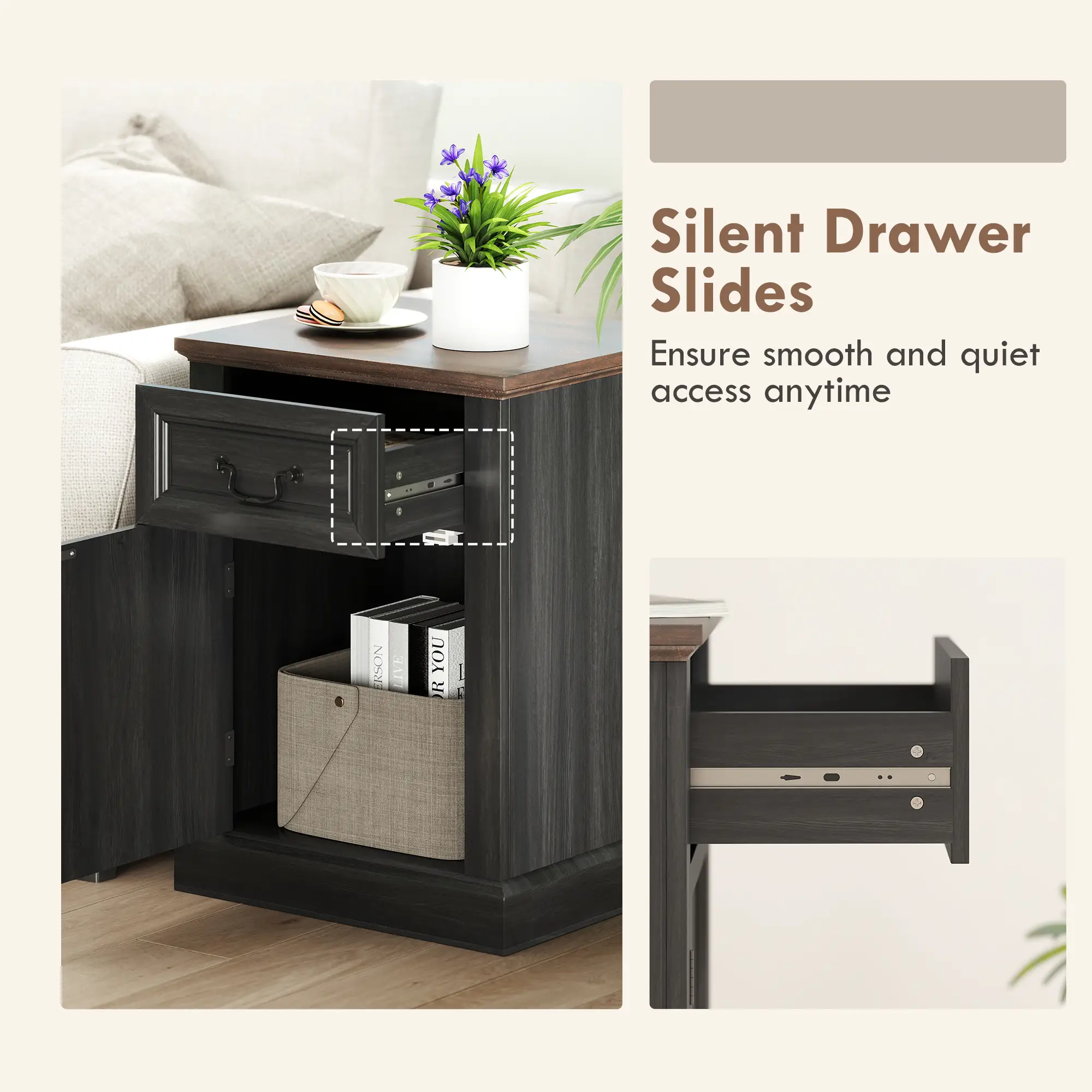 Side Table Set of 2 with Drawer and Cabinet, Black - Image 6
