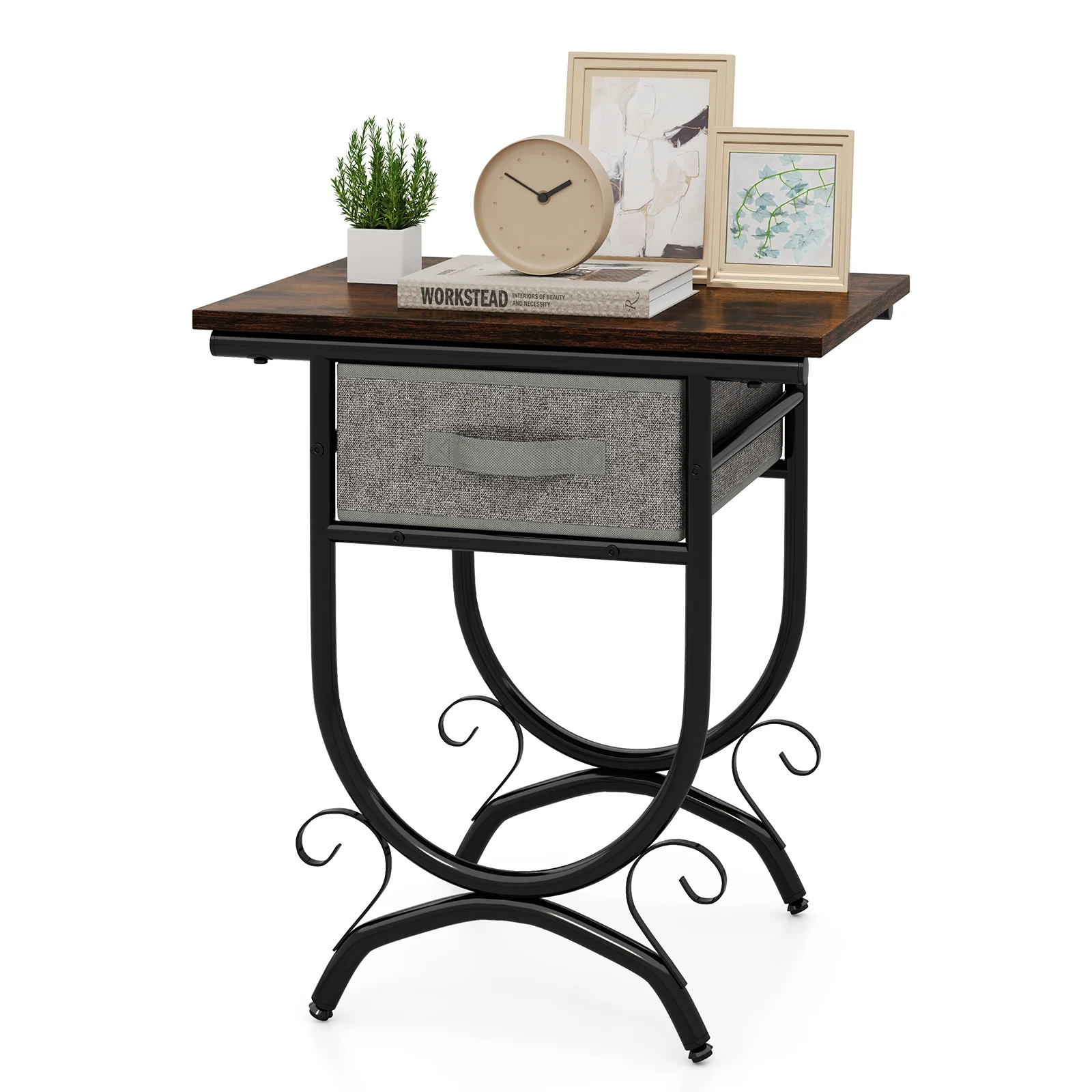Side Table With Fabric Drawer, Carved Metal Frame, Living Room