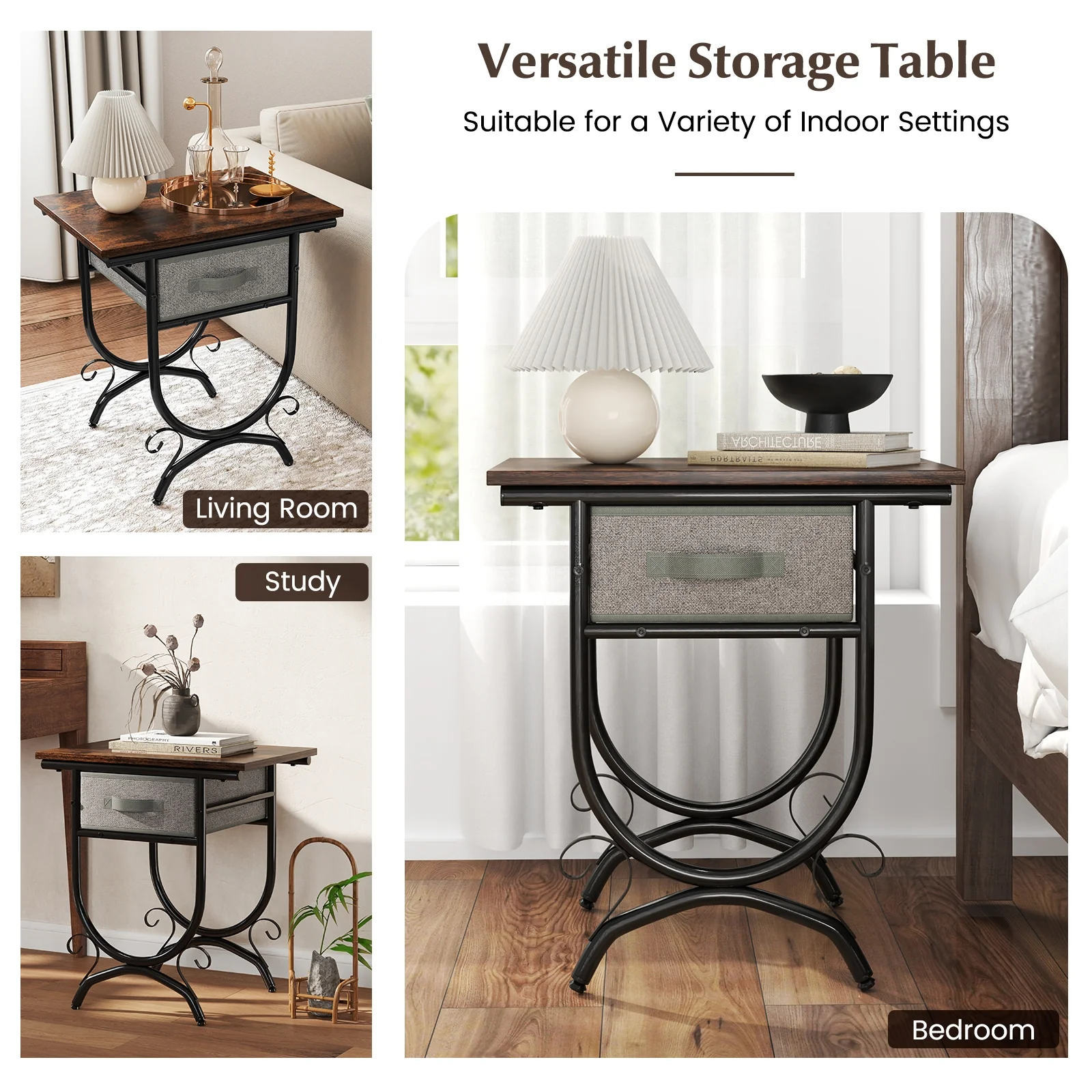 Side Table With Fabric Drawer, Carved Metal Frame, Living Room - Image 10