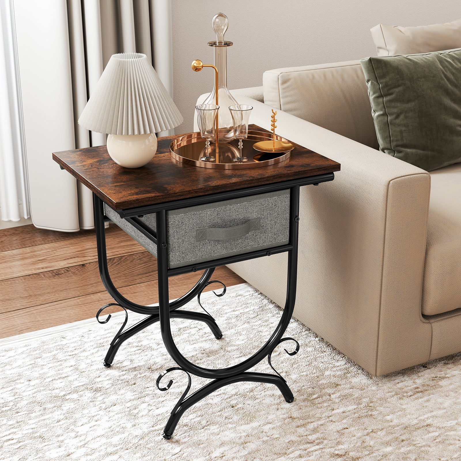 Side Table With Fabric Drawer, Carved Metal Frame, Living Room - Image 2