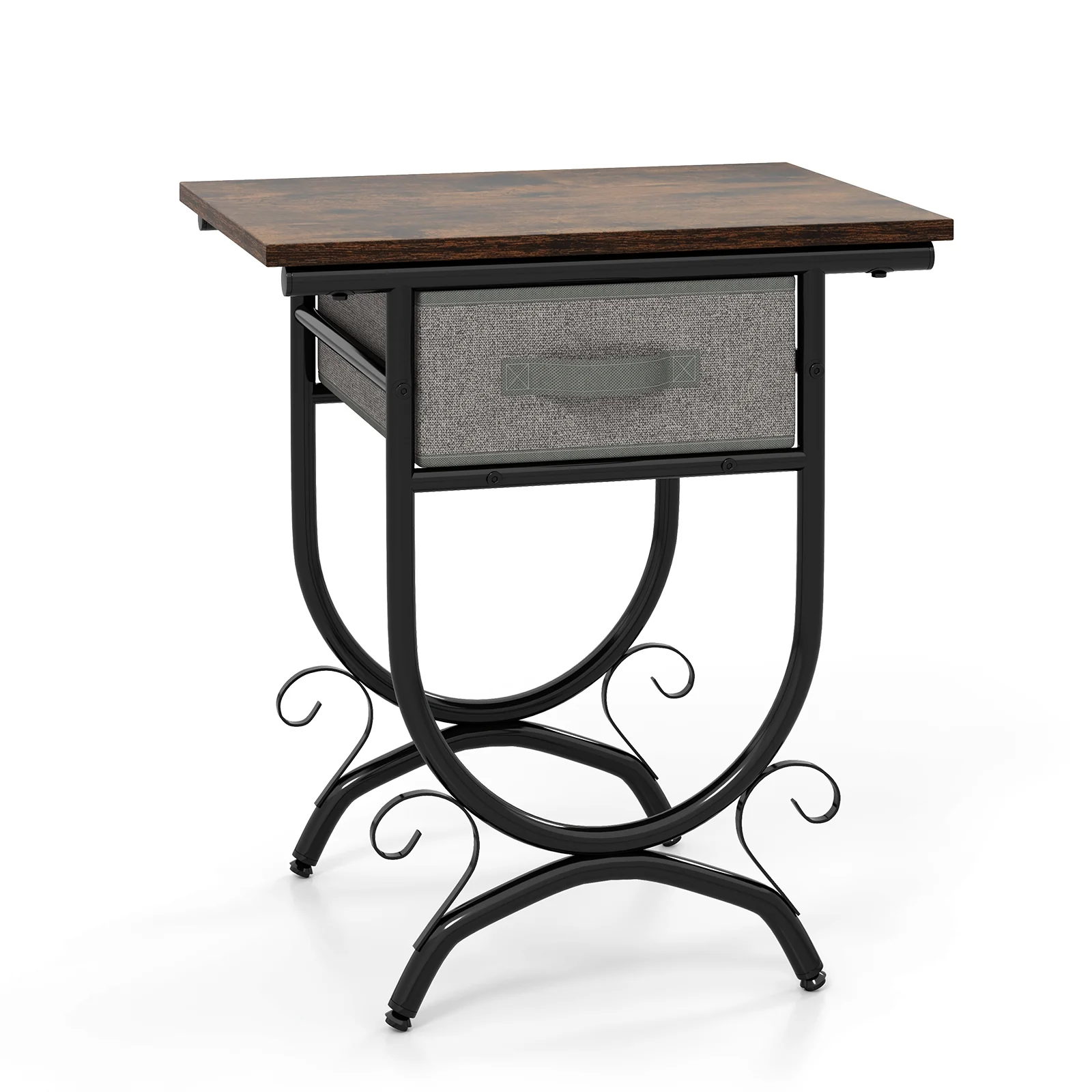 Side Table With Fabric Drawer, Carved Metal Frame, Living Room - Image 5