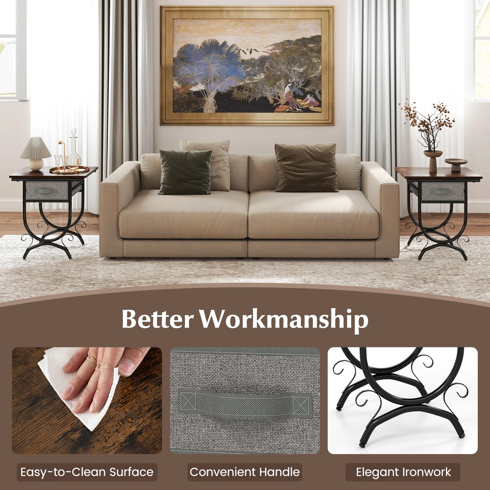 Side Table With Fabric Drawer, Carved Metal Frame, Living Room - Image 7