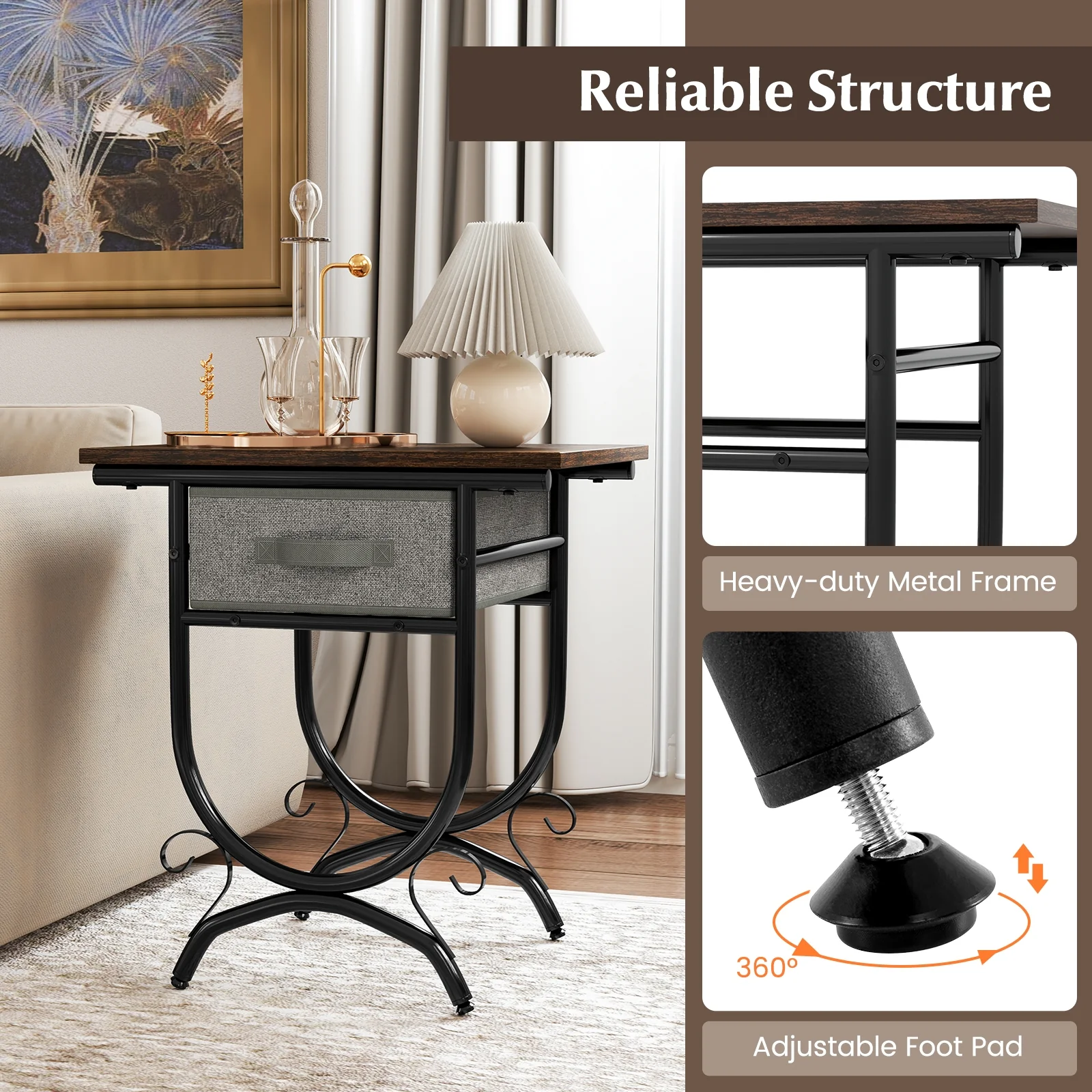 Side Table With Fabric Drawer, Carved Metal Frame, Living Room - Image 8