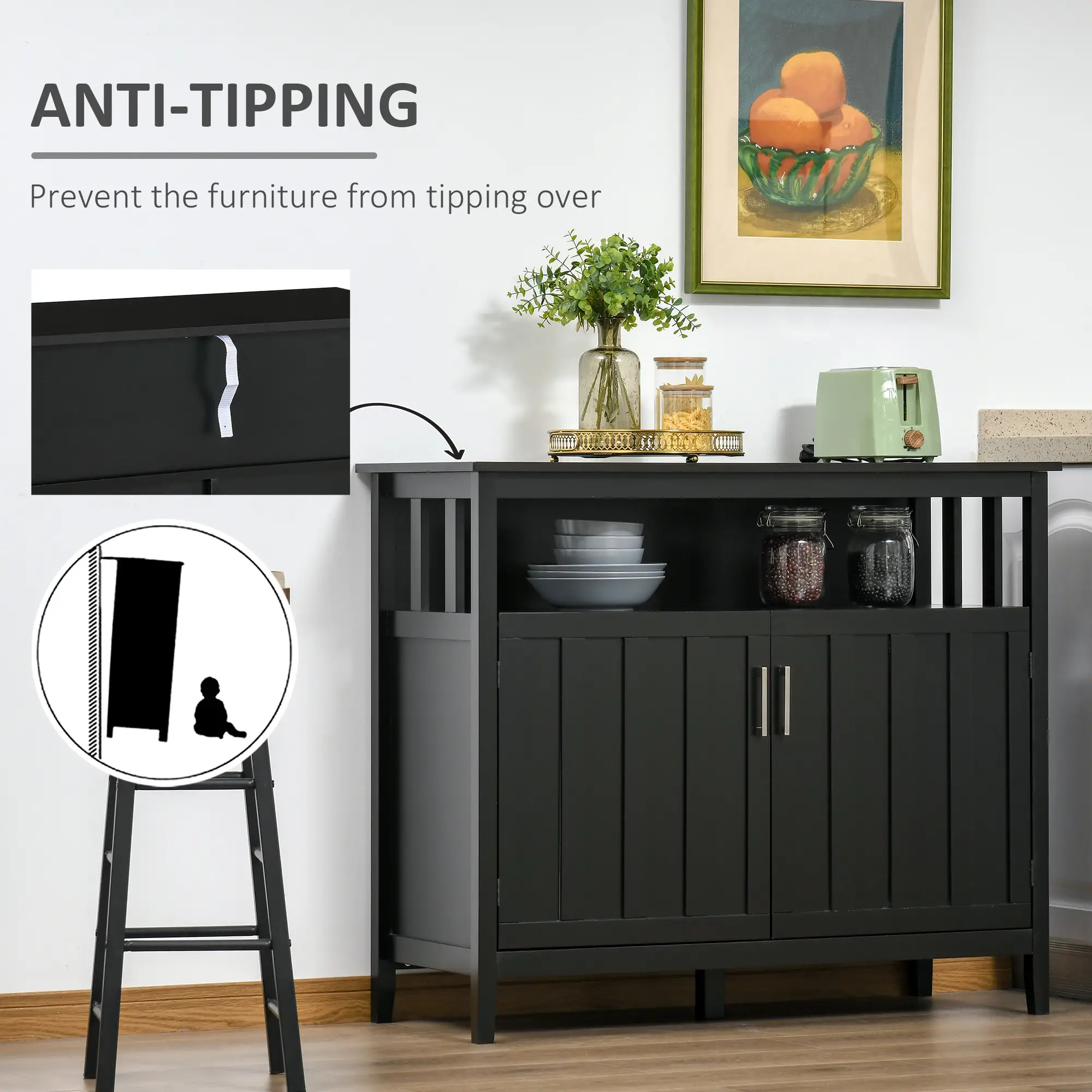 Sideboard Buffet, 2 Doors, Adjustable Shelves, Kitchen Dining, Black - Image 10