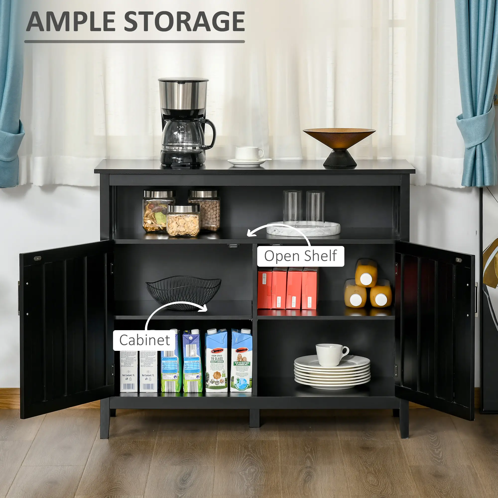 Sideboard Buffet, 2 Doors, Adjustable Shelves, Kitchen Dining, Black - Image 5