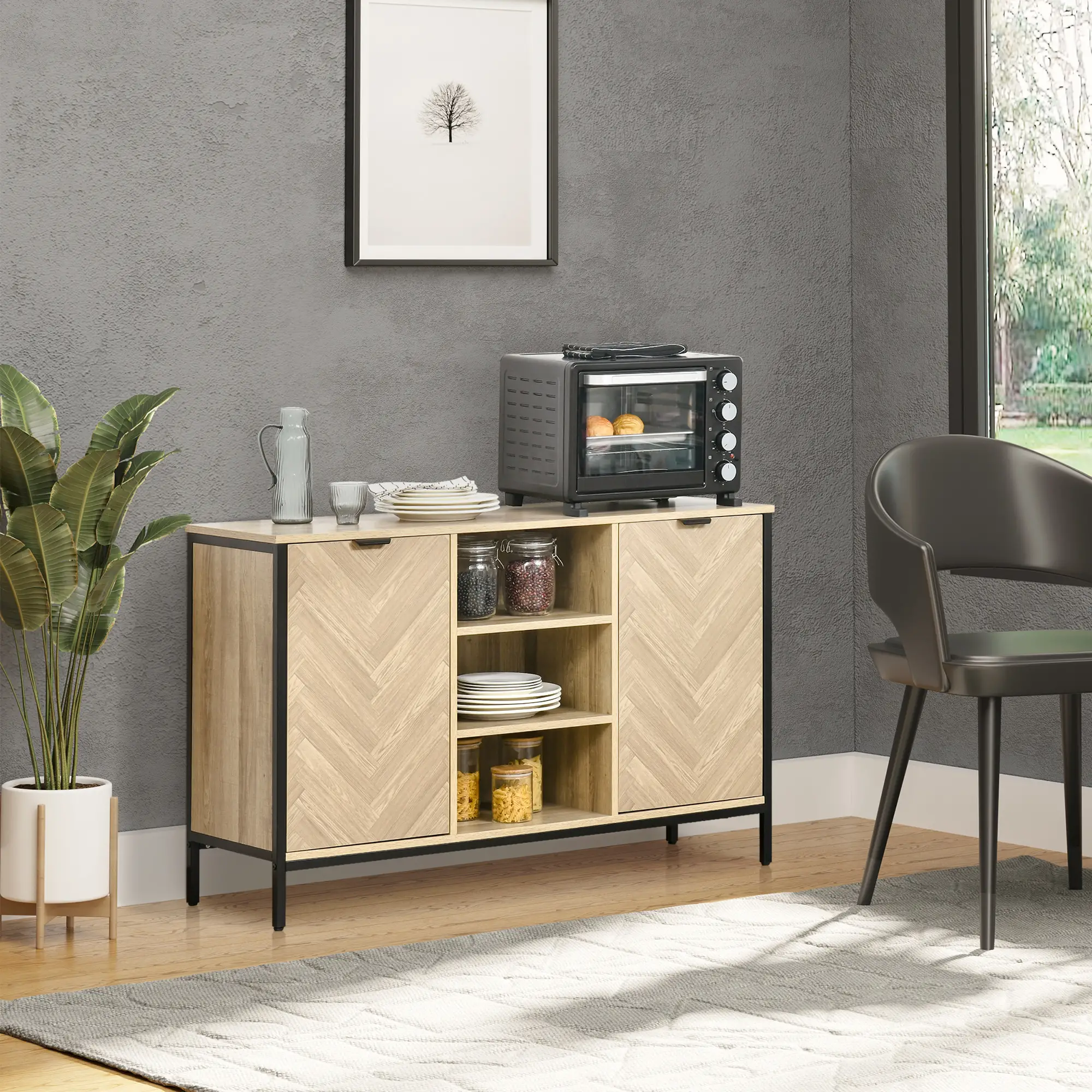 Sideboard Buffet Cabinet, 2 Doors, Adjustable Shelves, Oak Tone - Image 2