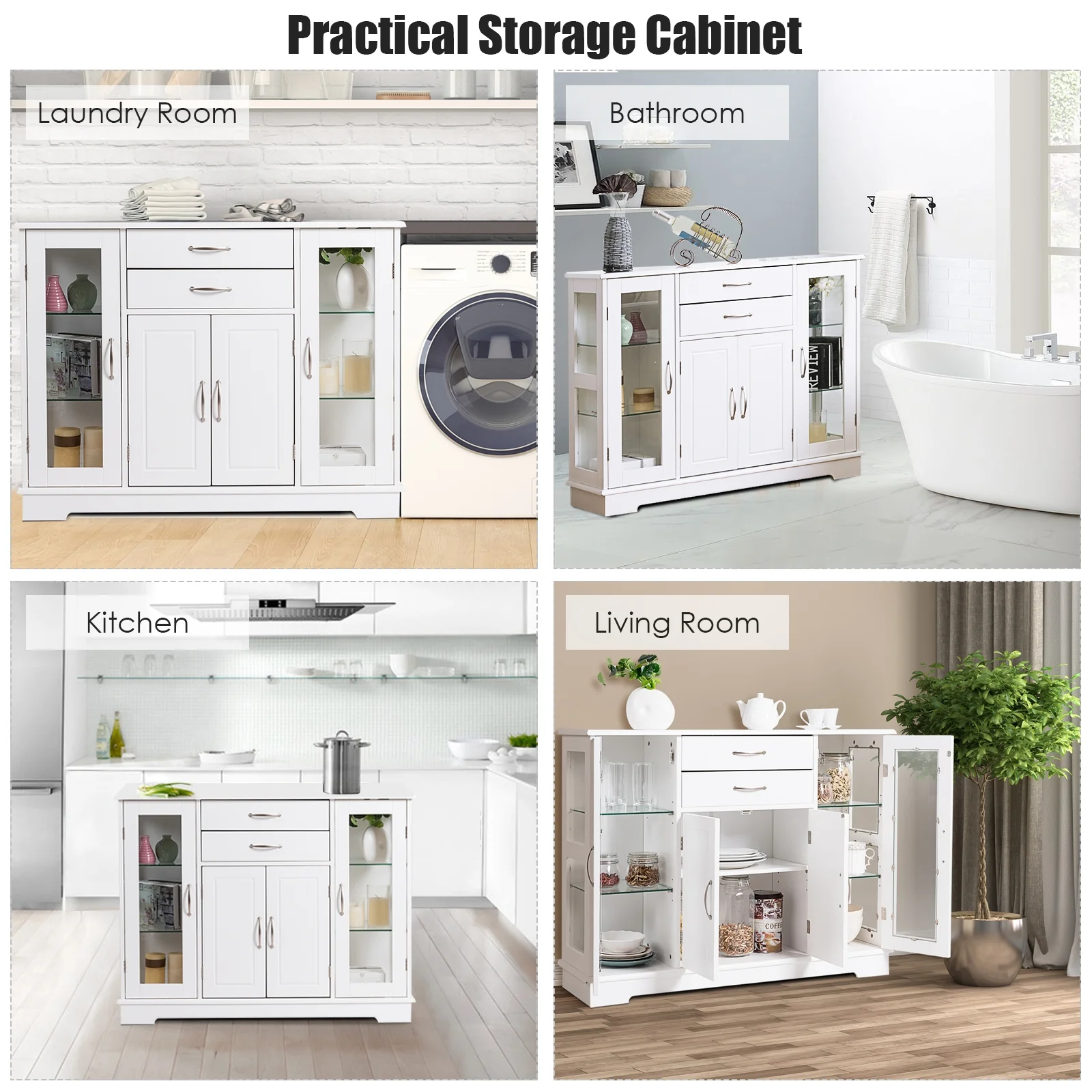 Sideboard Buffet Cabinet, 2 Drawers, Glass Doors, White - Image 10
