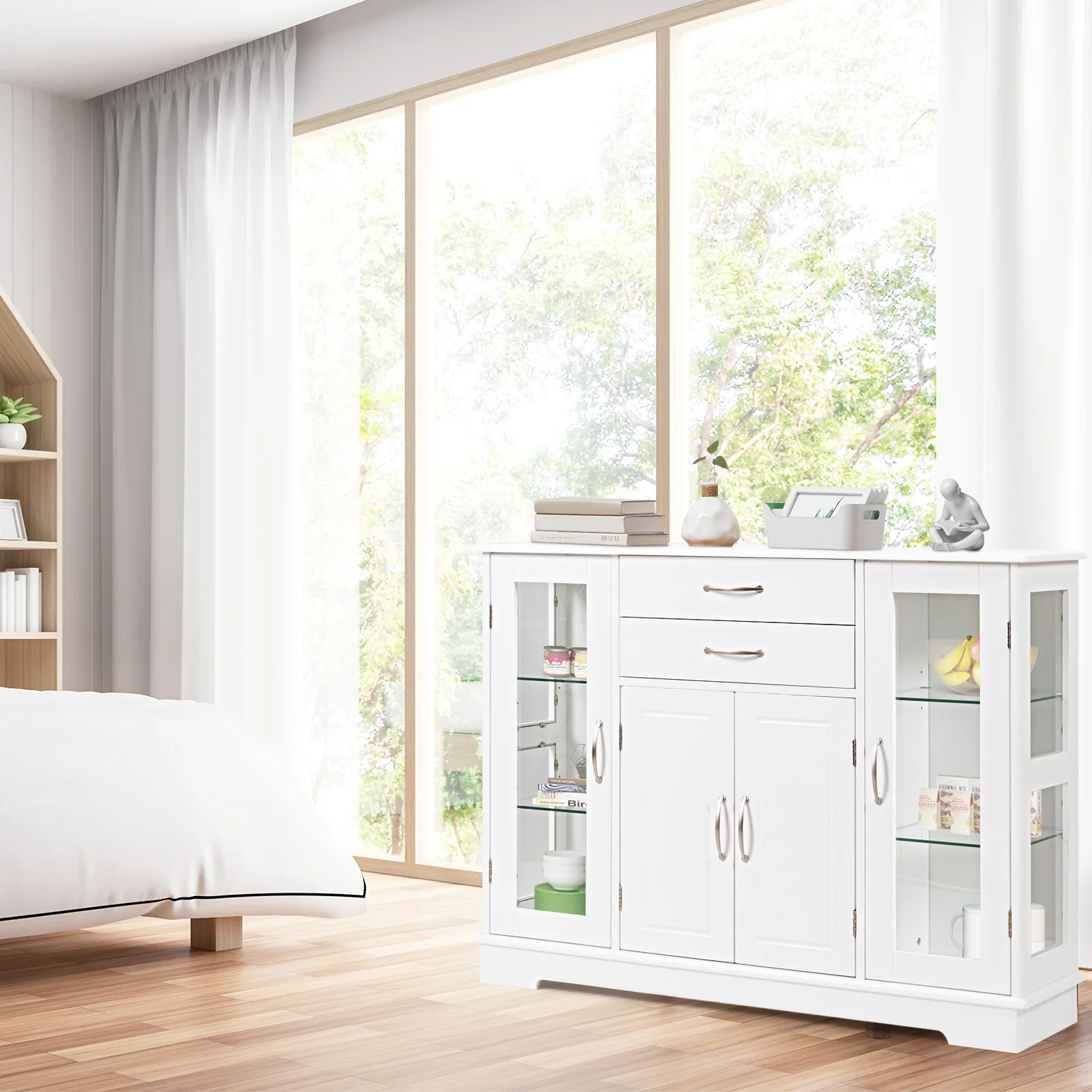 Sideboard Buffet Cabinet, 2 Drawers, Glass Doors, White - Image 2
