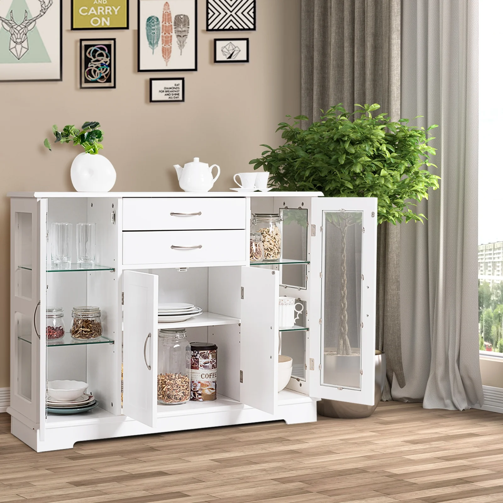 Sideboard Buffet Cabinet, 2 Drawers, Glass Doors, White - Image 3