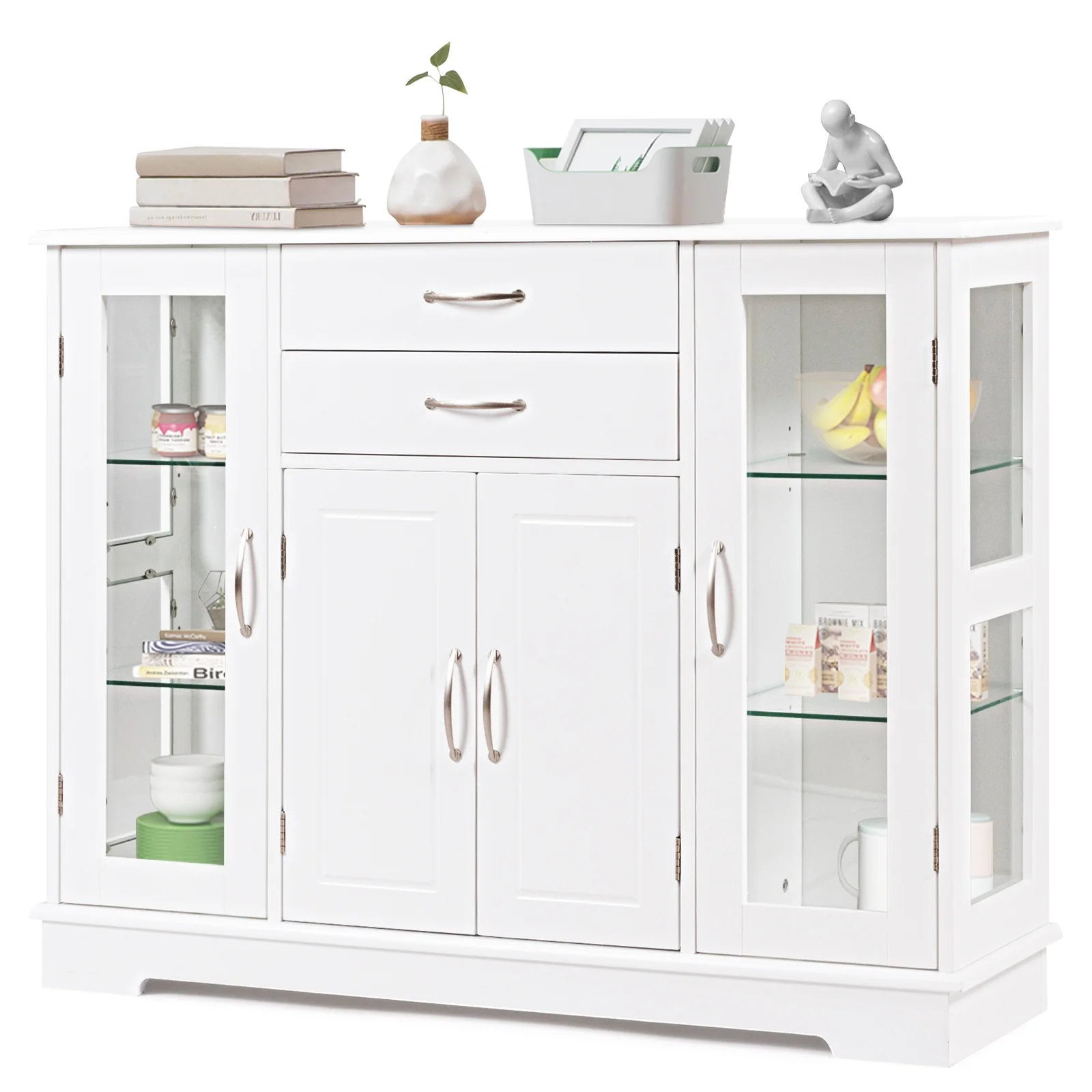 Sideboard Buffet Cabinet, 2 Drawers, Glass Doors, White - Image 4