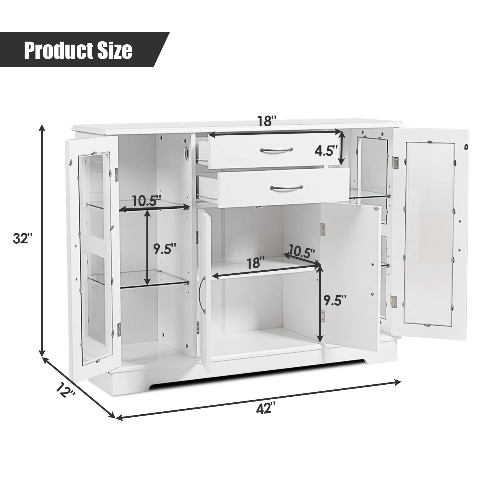 Sideboard Buffet Cabinet, 2 Drawers, Glass Doors, White - Image 6