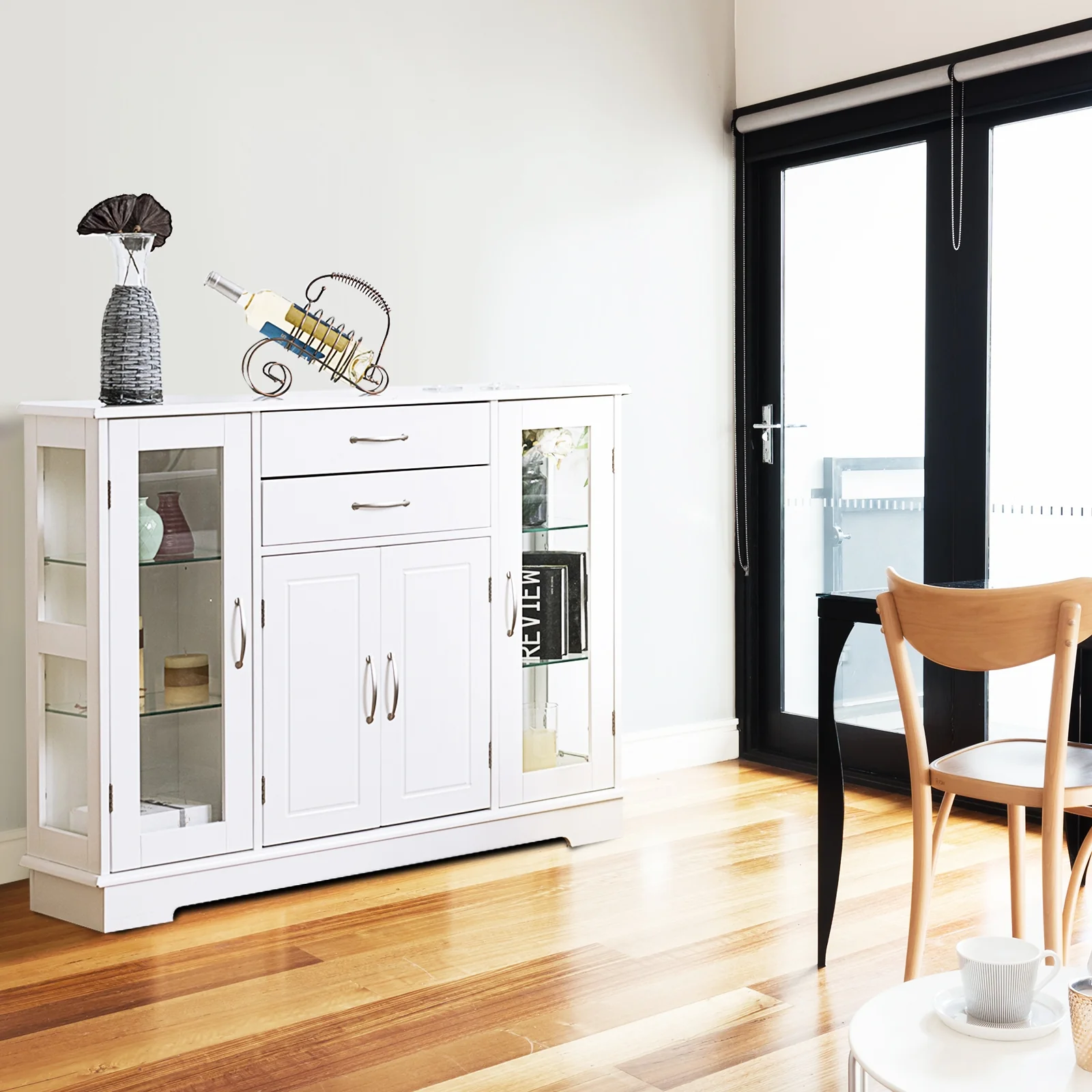 Sideboard Buffet Cabinet, 2 Drawers, Glass Doors, White - Image 7