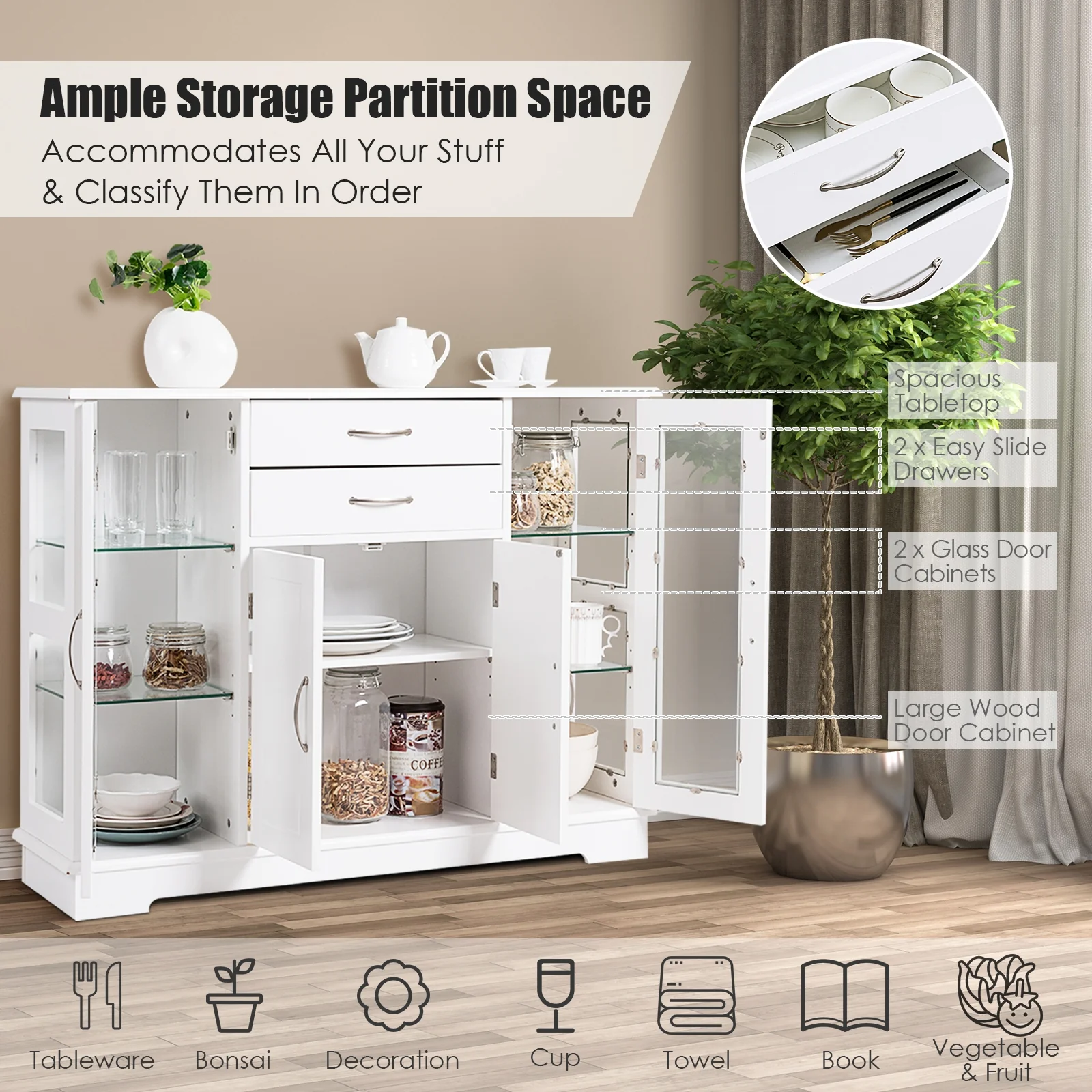 Sideboard Buffet Cabinet, 2 Drawers, Glass Doors, White - Image 8