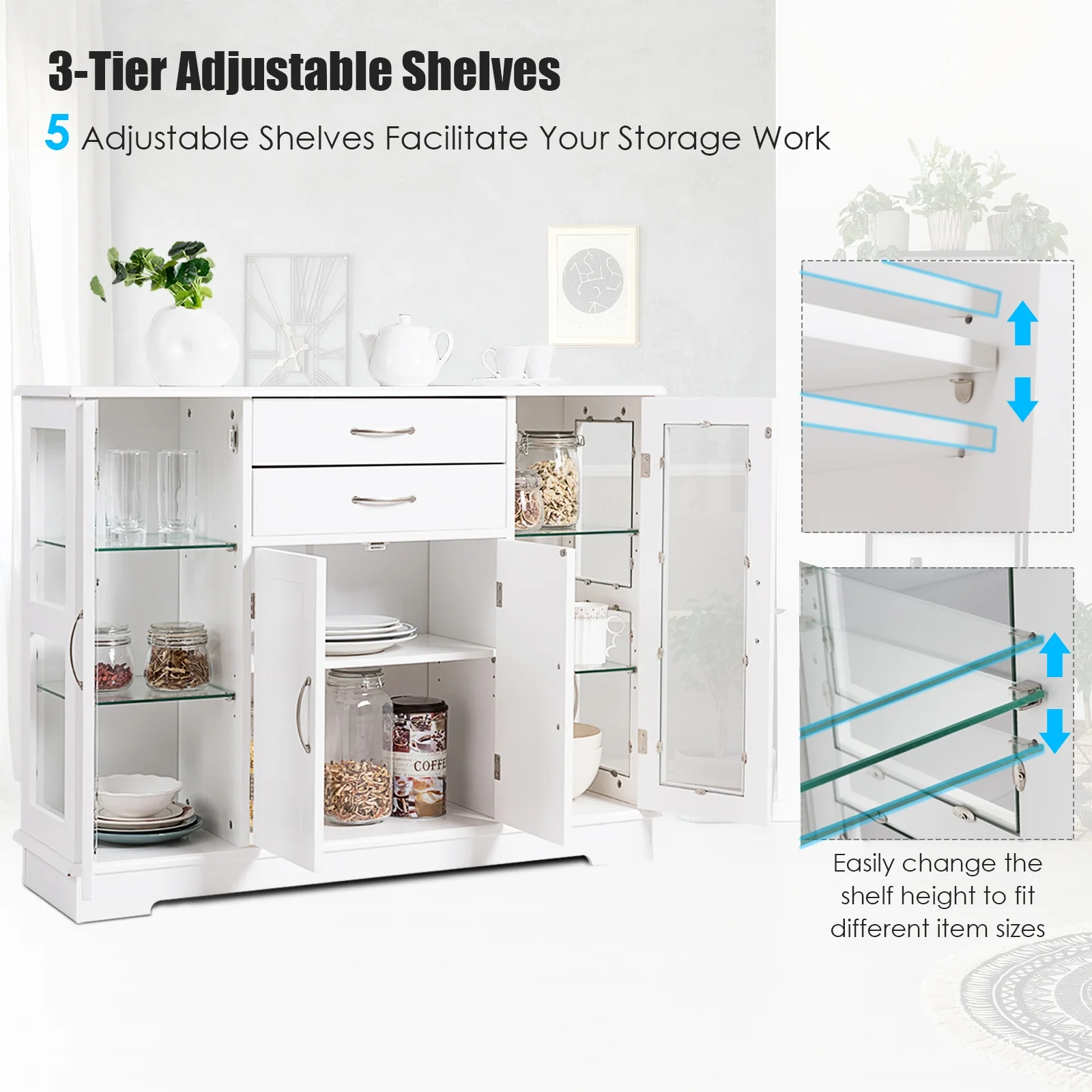 Sideboard Buffet Cabinet, 2 Drawers, Glass Doors, White - Image 9