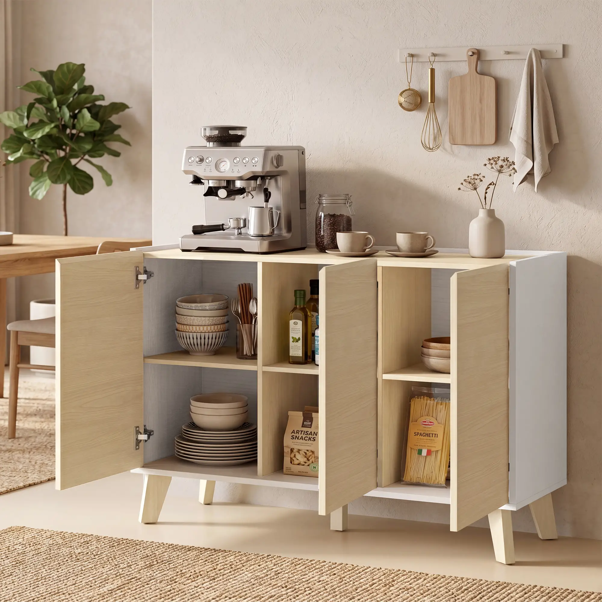 Sideboard Buffet Cabinet, 47" Modern Kitchen Storage Cabinet with 6 Compartments, Soft-Close Doors, Natural Wood Effect - Image 2