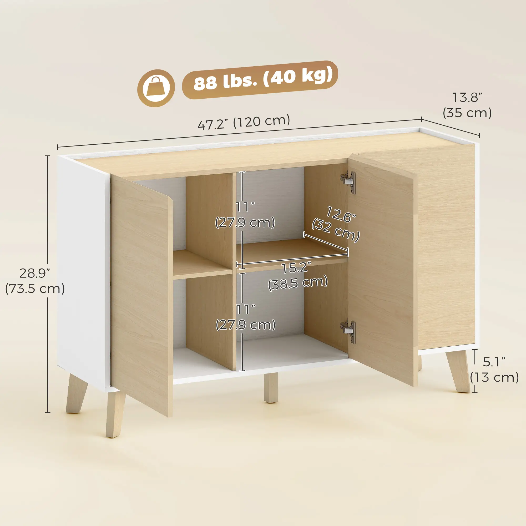 Sideboard Buffet Cabinet, 47" Modern Kitchen Storage Cabinet with 6 Compartments, Soft-Close Doors, Natural Wood Effect - Image 3