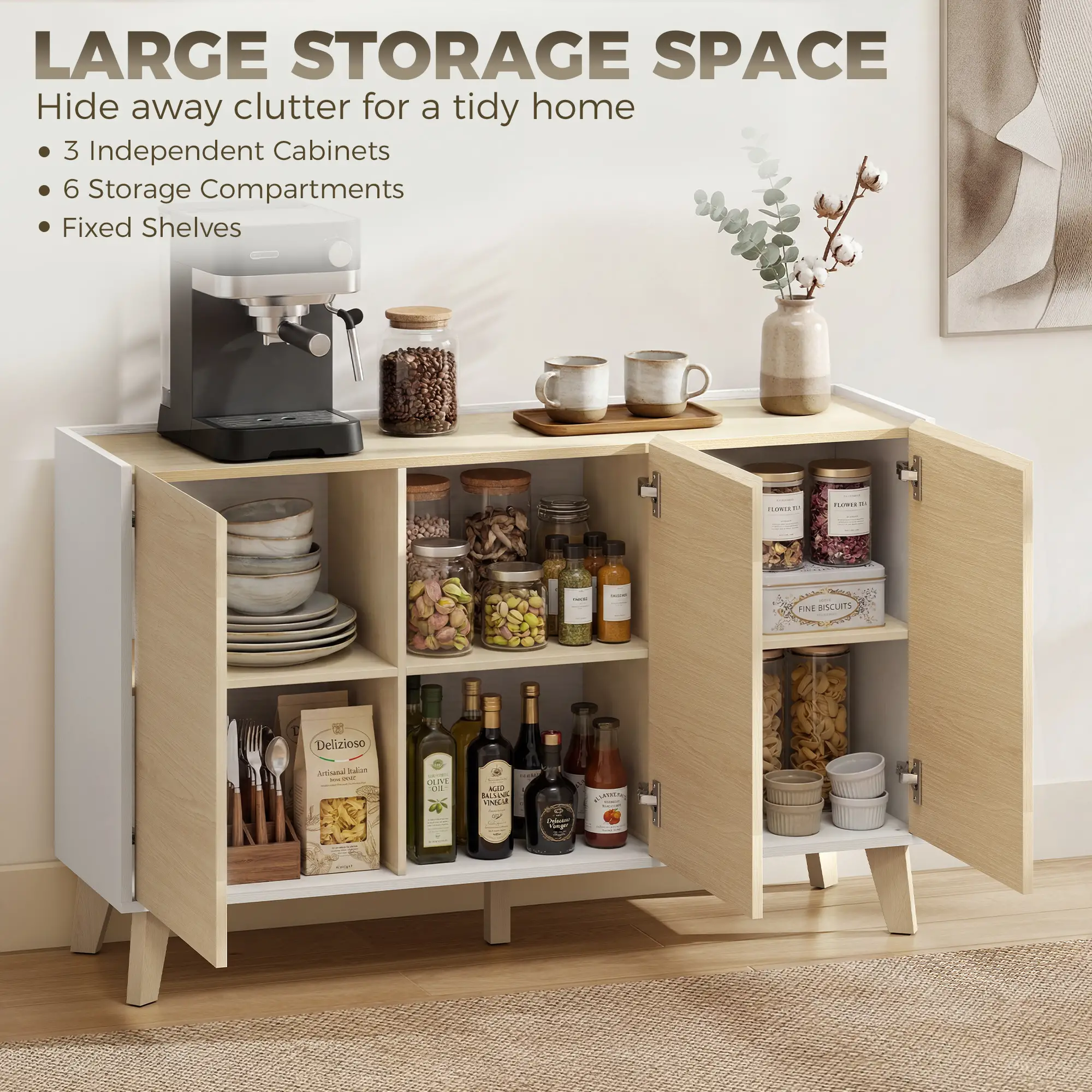 Sideboard Buffet Cabinet, 47" Modern Kitchen Storage Cabinet with 6 Compartments, Soft-Close Doors, Natural Wood Effect - Image 5