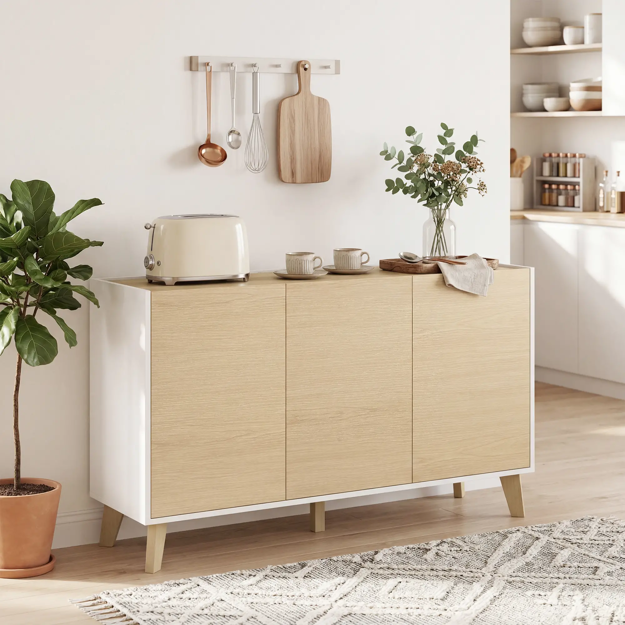 Sideboard Buffet Cabinet, 47" Modern Kitchen Storage Cabinet with 6 Compartments, Soft-Close Doors, Natural Wood Effect - Image 8