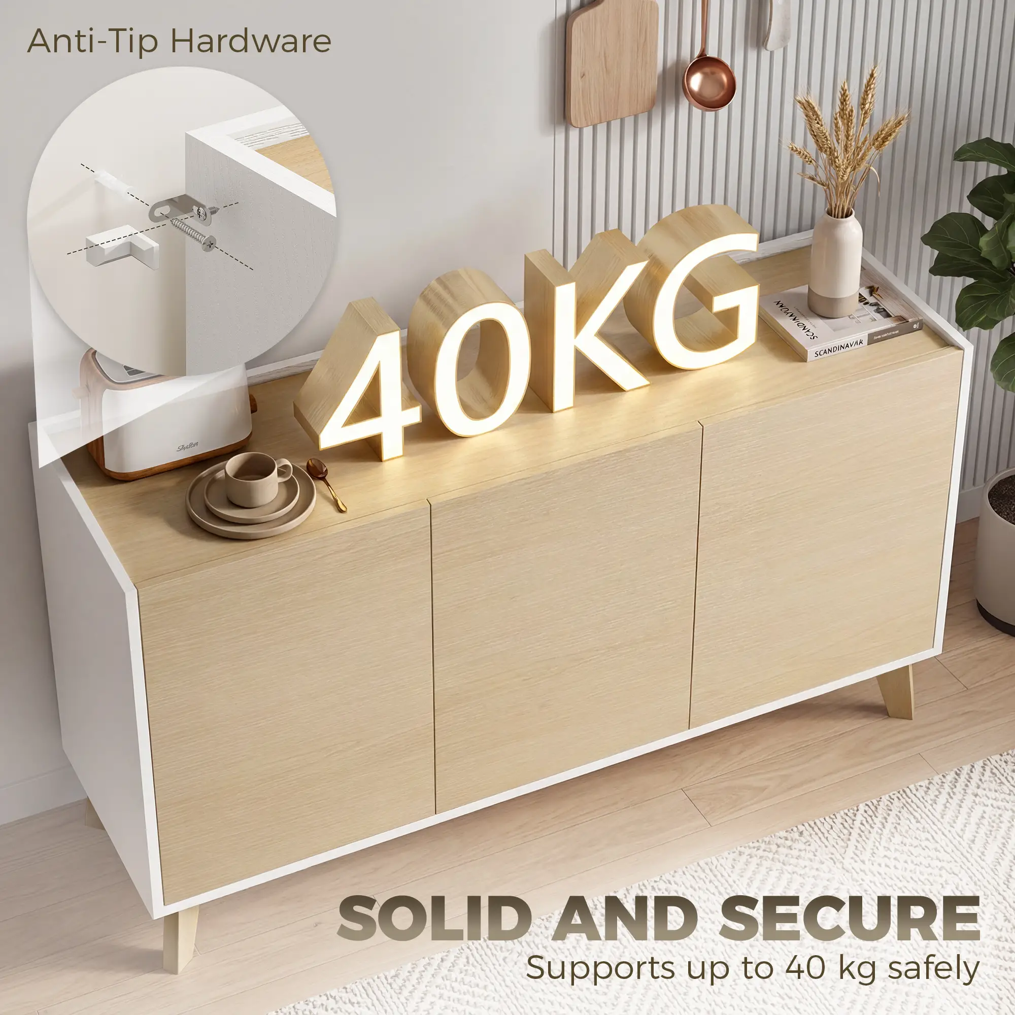 Sideboard Buffet Cabinet, 47" Modern Kitchen Storage Cabinet with 6 Compartments, Soft-Close Doors, Natural Wood Effect - Image 9