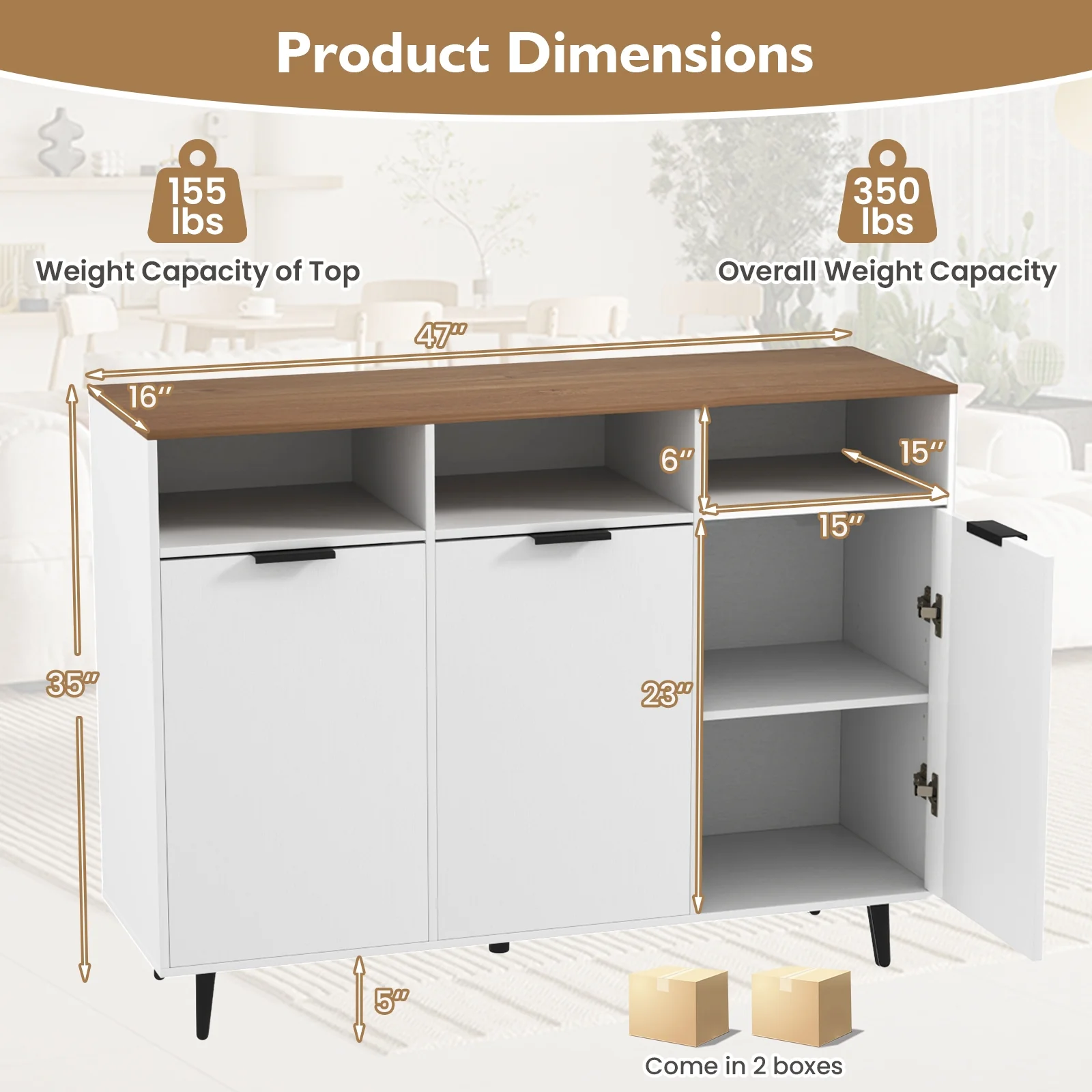 Sideboard Buffet Cabinet, 5-Position Adjustable Shelves, White - Image 6