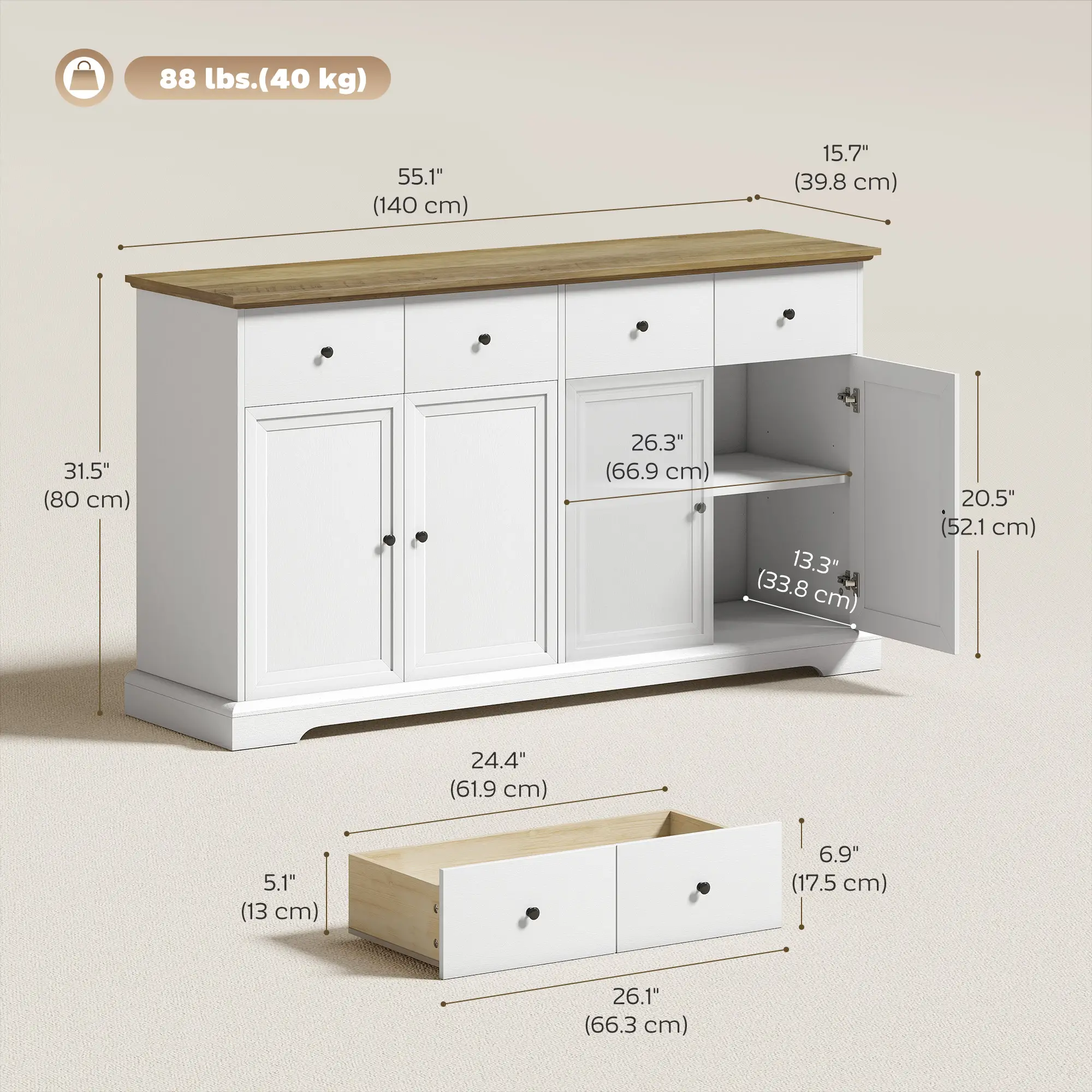 Sideboard Buffet Cabinet, 55" Farmhouse Kitchen Cabinet with Soft-Close Doors, 2 Drawers and 2 Adjustable Shelves - Image 2