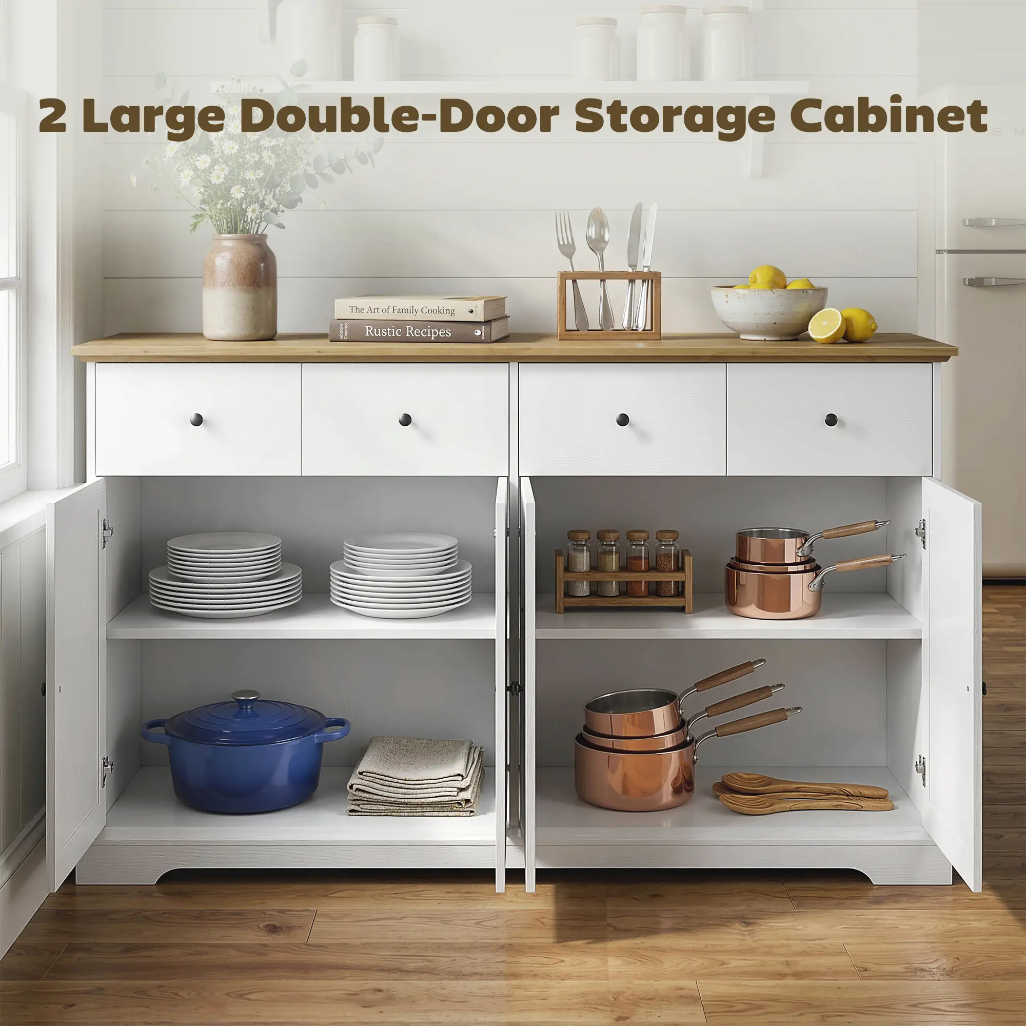 Sideboard Buffet Cabinet, 55" Farmhouse Kitchen Cabinet with Soft-Close Doors, 2 Drawers and 2 Adjustable Shelves - Image 3