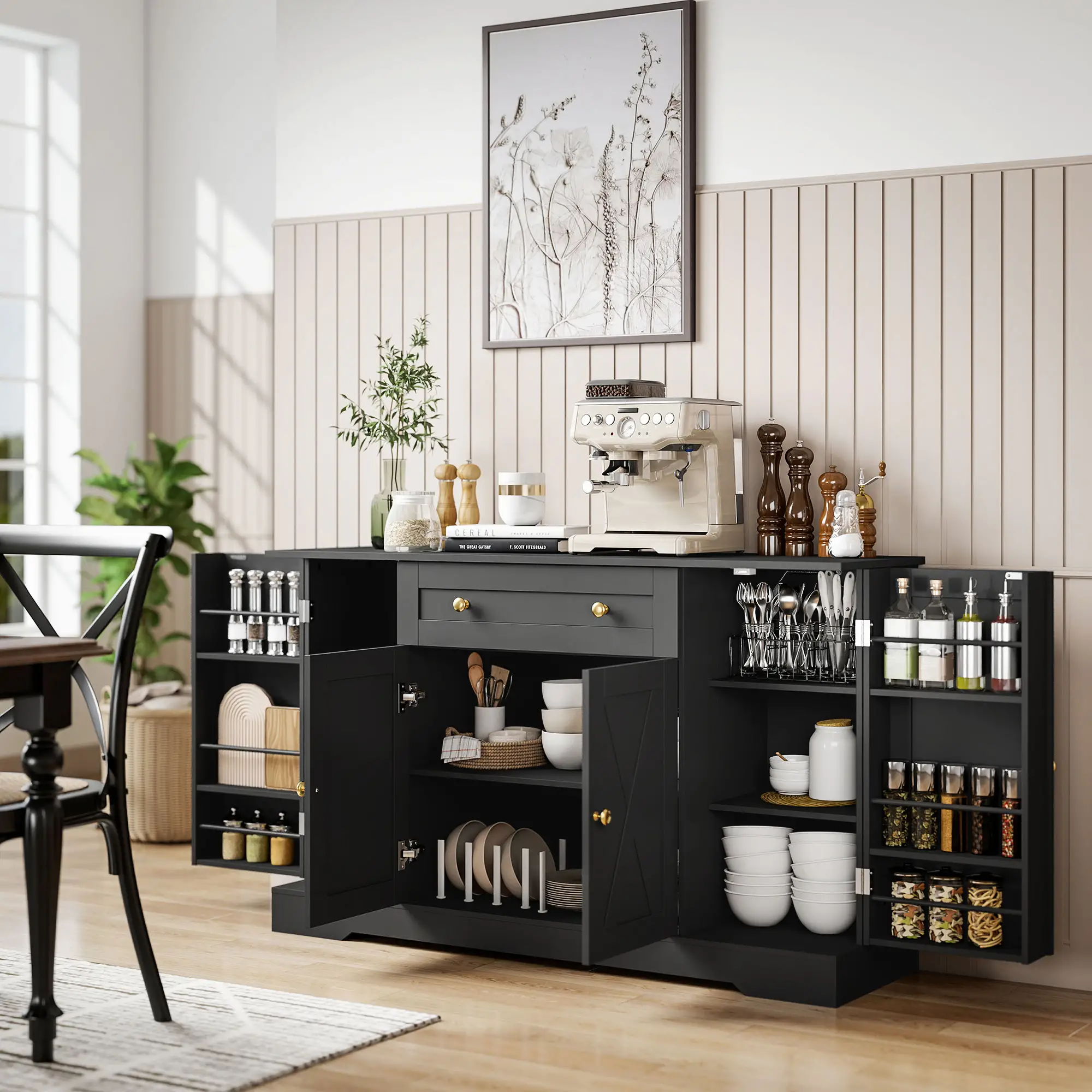 Sideboard Buffet Cabinet, Farmhouse Coffee Bar, Black - Image 2
