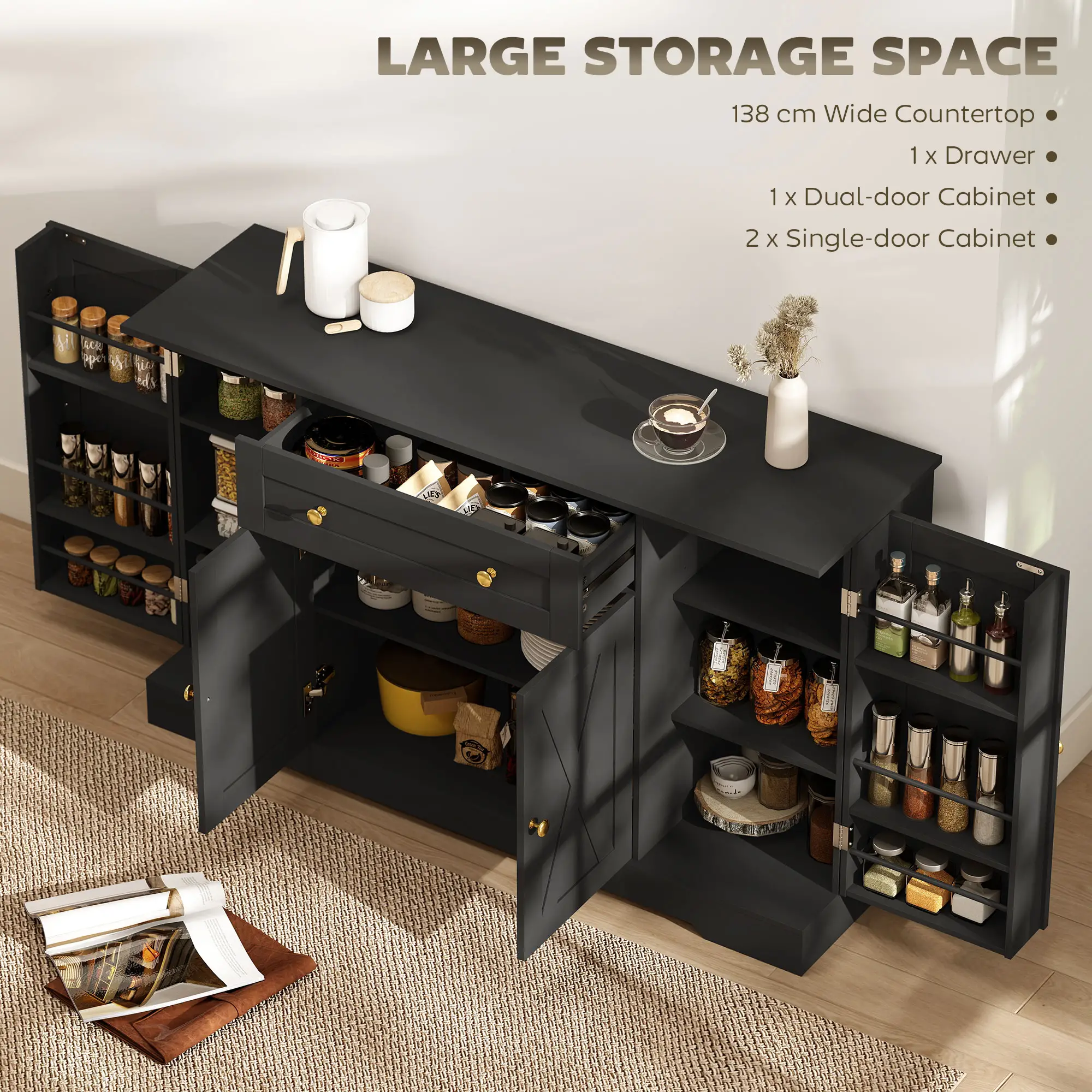 Sideboard Buffet Cabinet, Farmhouse Coffee Bar, Black - Image 4